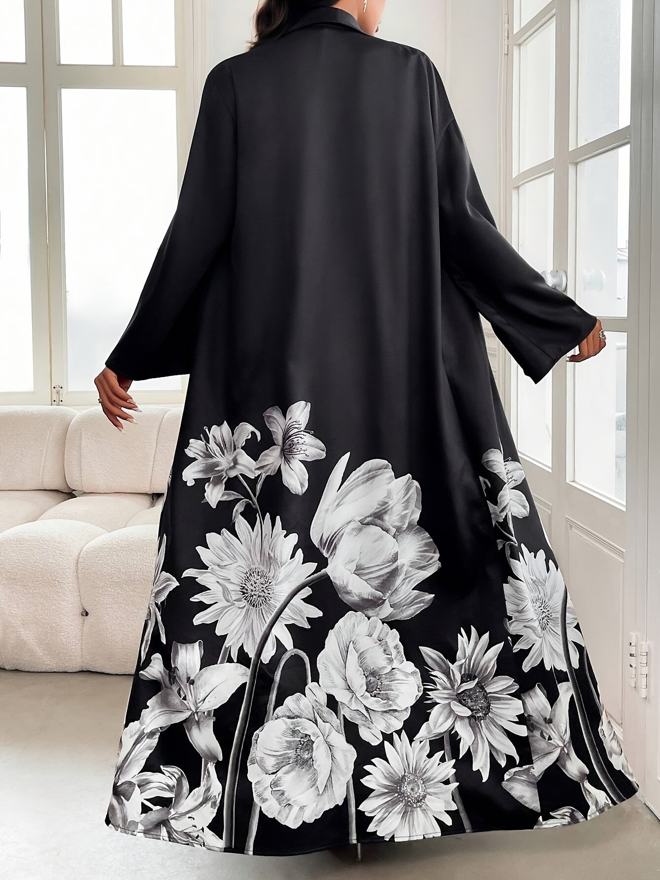 VougeVamp Elegant Floral Print Long-Sleeve Robe – Loose-Fit Full-Length Coat for Ramadan & Special Occasions