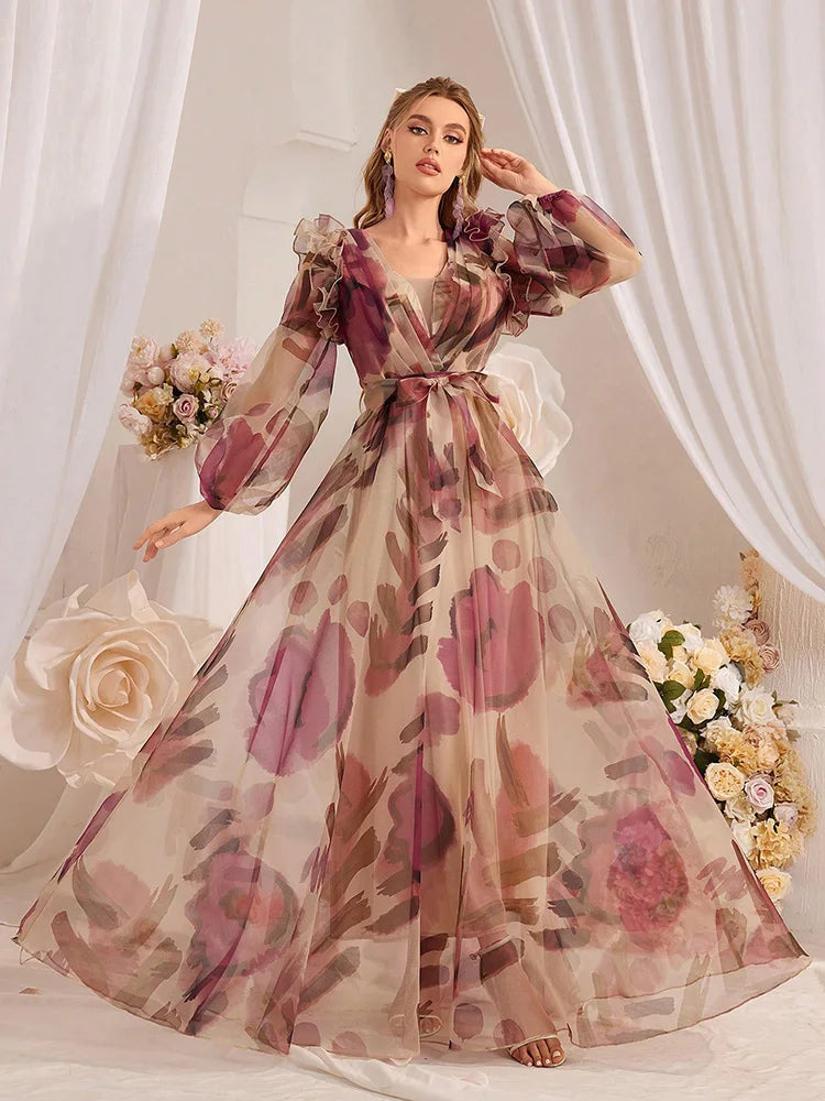 VougeVamp Elegant Floral Print Long Dress – Summer Holiday Maxi Dress with Lantern Sleeves & Ruffled Hem