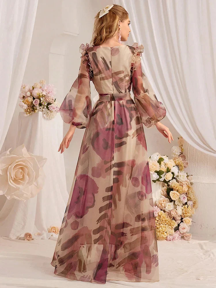 VougeVamp Elegant Floral Print Long Dress – Summer Holiday Maxi Dress with Lantern Sleeves & Ruffled Hem