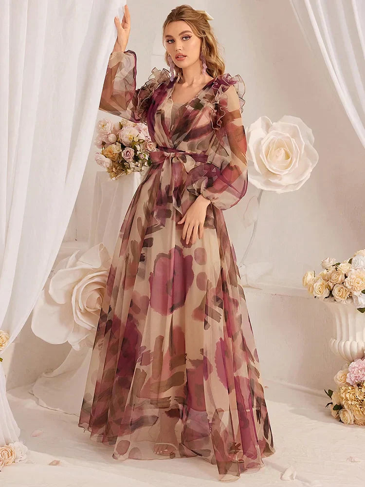VougeVamp Elegant Floral Print Long Dress – Summer Holiday Maxi Dress with Lantern Sleeves & Ruffled Hem
