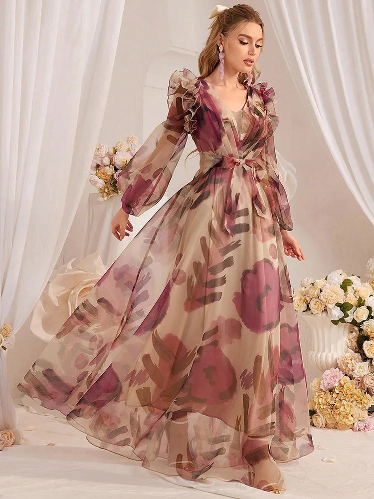 VougeVamp Elegant Floral Print Long Dress – Summer Holiday Maxi Dress with Lantern Sleeves & Ruffled Hem