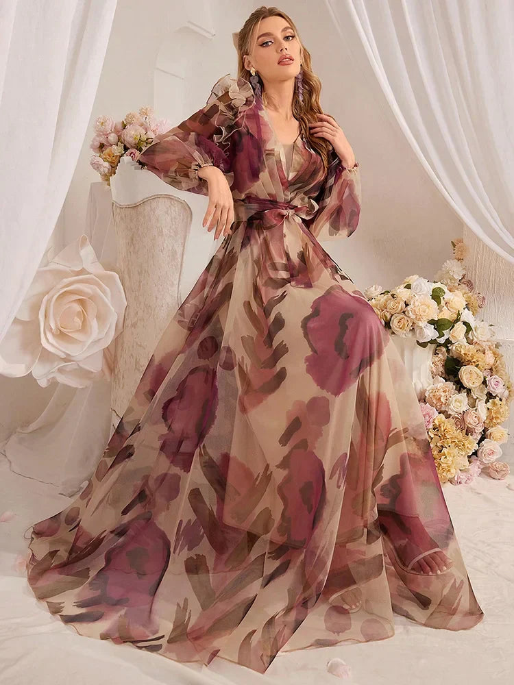 VougeVamp Elegant Floral Print Long Dress – Summer Holiday Maxi Dress with Lantern Sleeves & Ruffled Hem