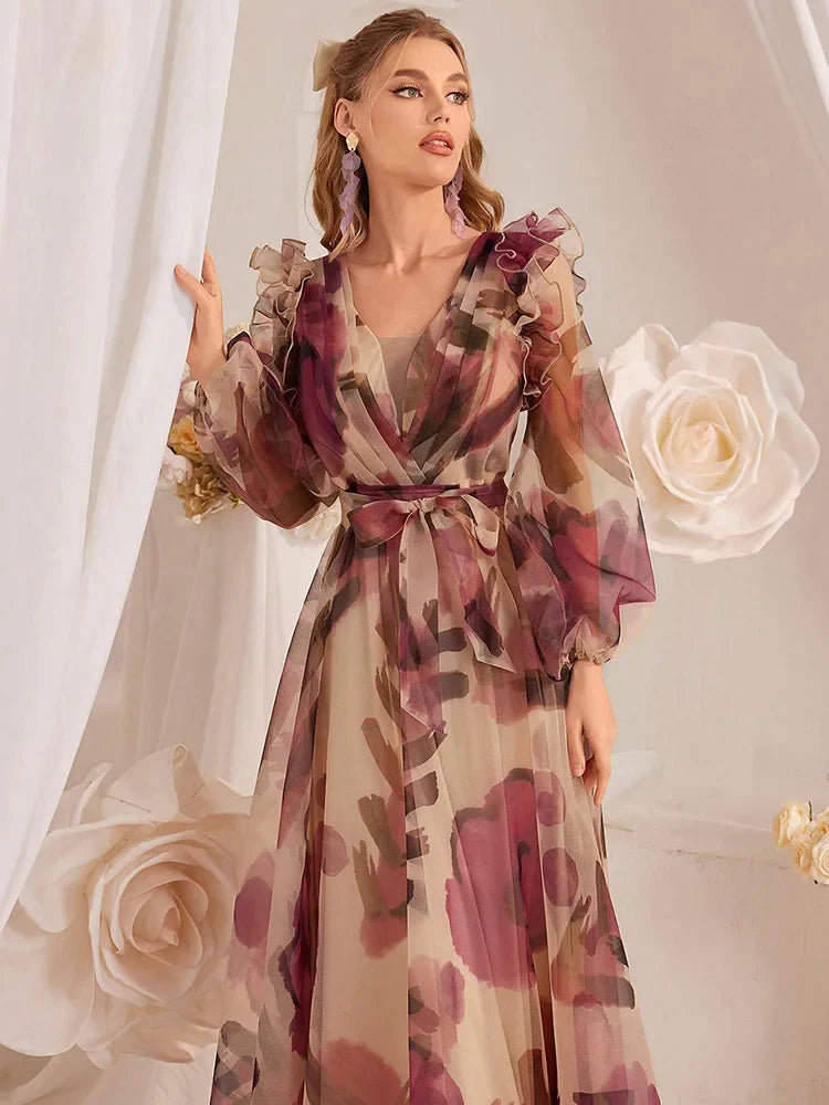 VougeVamp Elegant Floral Print Long Dress – Summer Holiday Maxi Dress with Lantern Sleeves & Ruffled Hem - VougeVampUK