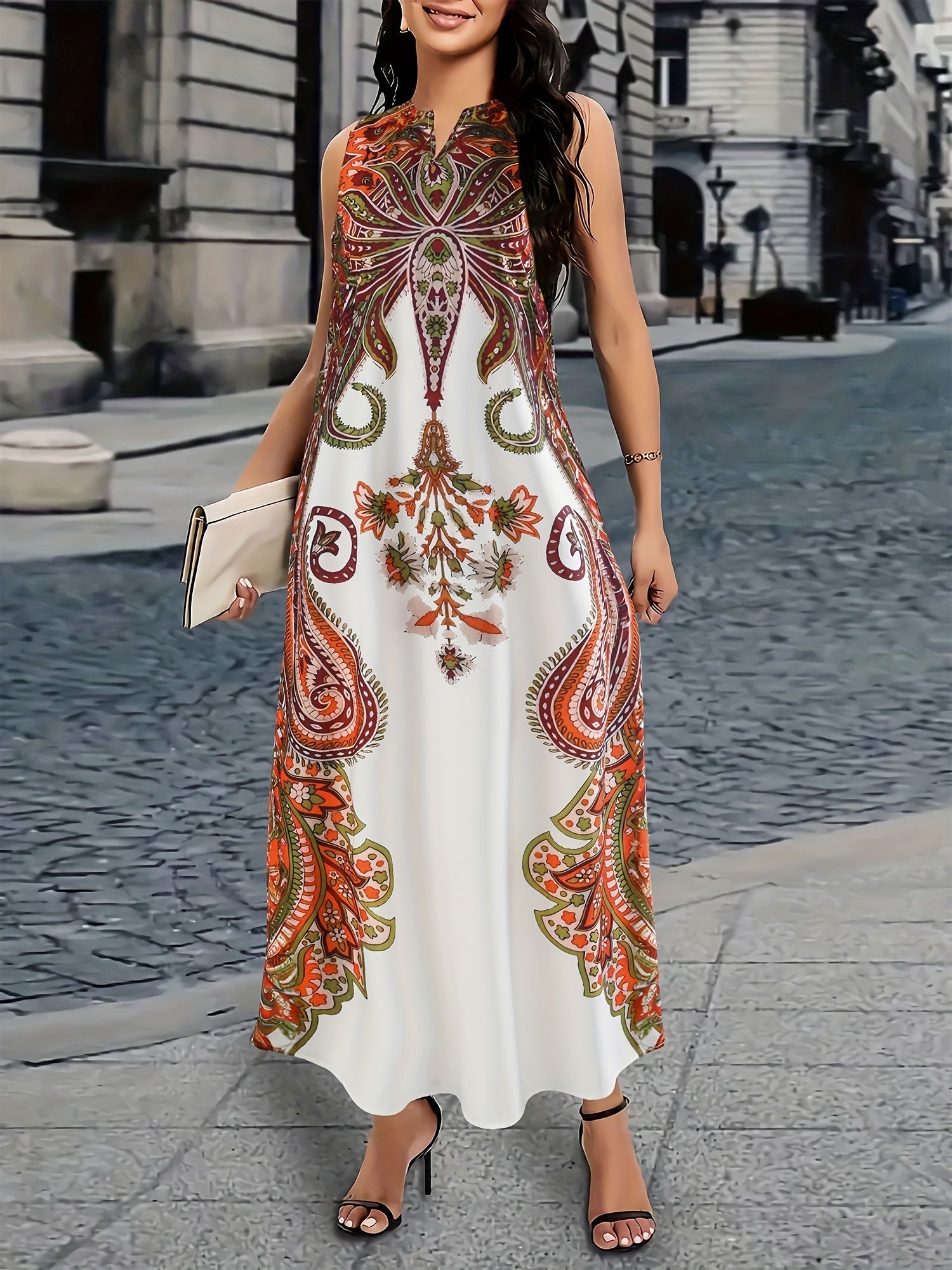 VougeVamp Elegant V-Neck Sleeveless Kaftan – A-Line Maxi Dress with Pocket Detail & Paisley Motif