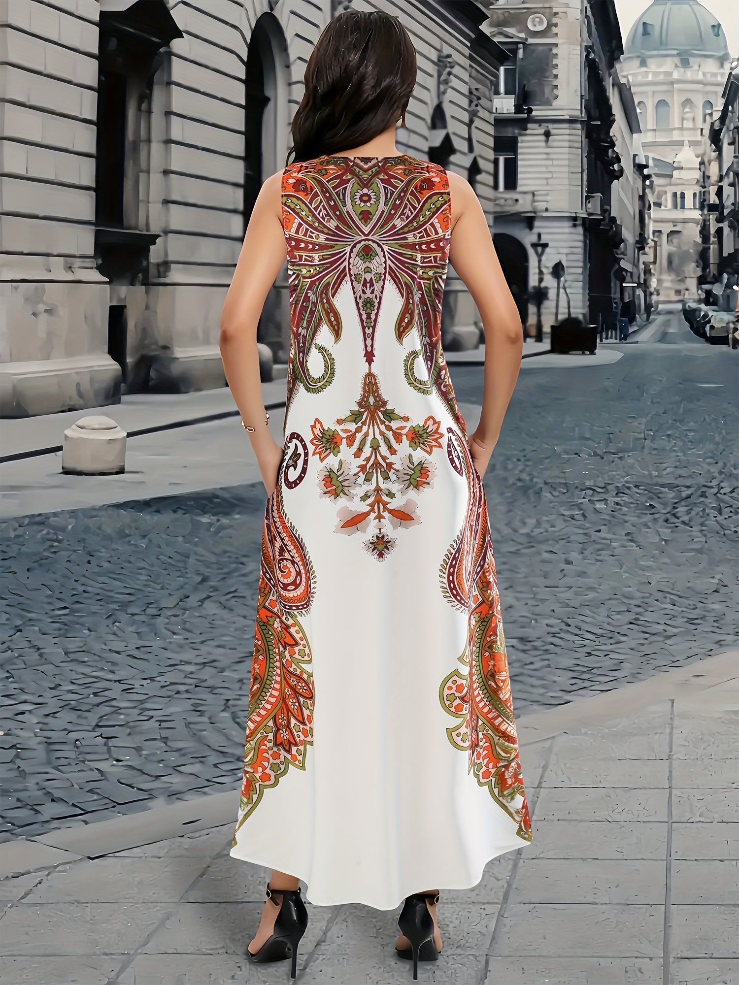 VougeVamp Elegant V-Neck Sleeveless Kaftan – A-Line Maxi Dress with Pocket Detail & Paisley Motif