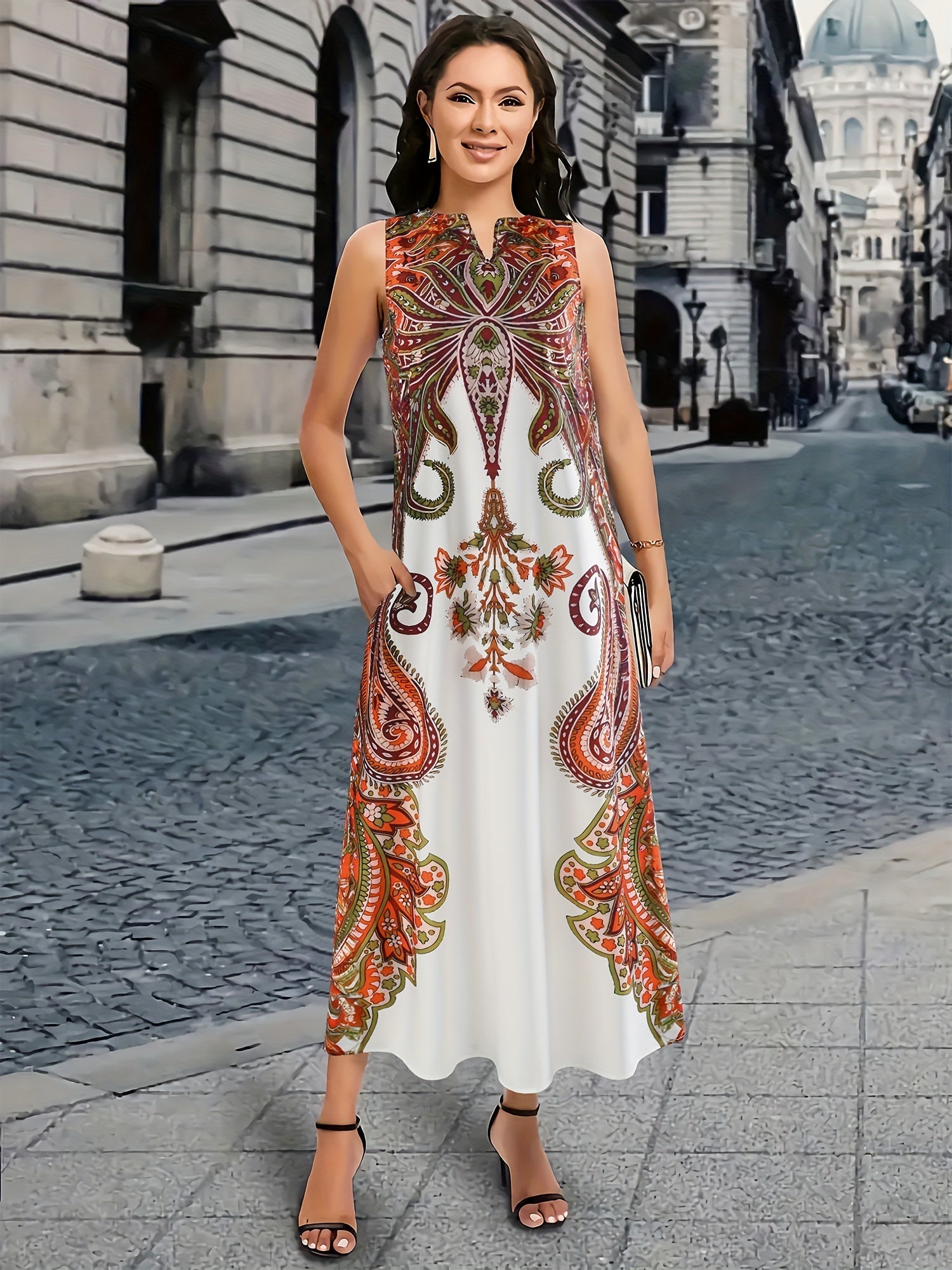 VougeVamp Elegant V-Neck Sleeveless Kaftan – A-Line Maxi Dress with Pocket Detail & Paisley Motif