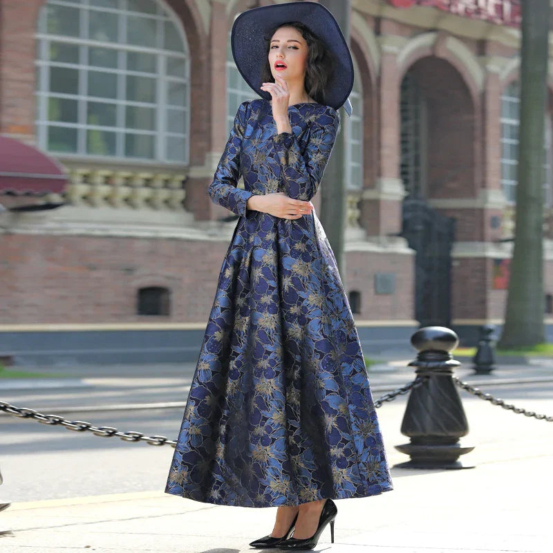 VougeVamp Elegant Floral Jacquard Maxi Dress – Long Sleeve V-Neck Formal Gown for Autumn & Winter