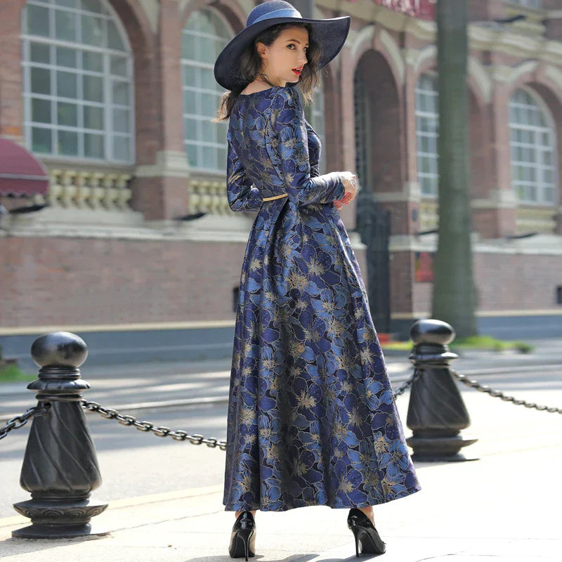 VougeVamp Elegant Floral Jacquard Maxi Dress – Long Sleeve V-Neck Formal Gown for Autumn & Winter