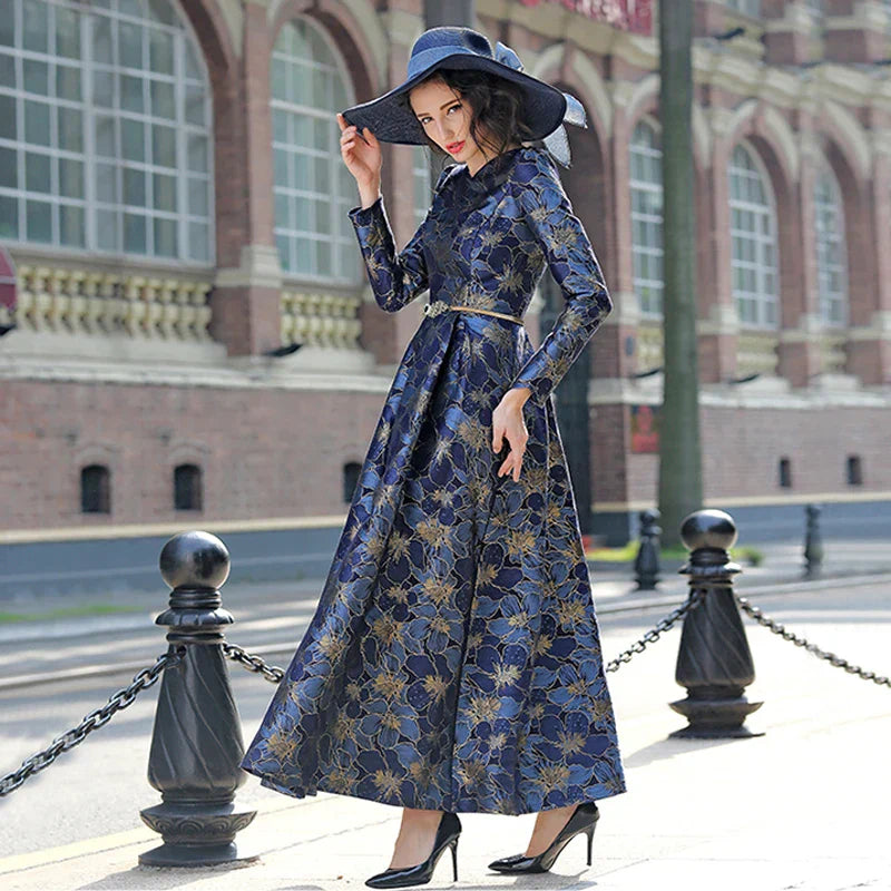 VougeVamp Elegant Floral Jacquard Maxi Dress – Long Sleeve V-Neck Formal Gown for Autumn & Winter