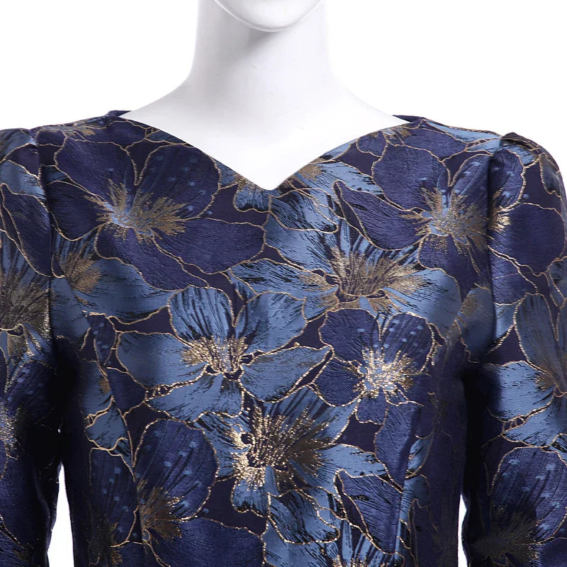 VougeVamp Elegant Floral Jacquard Maxi Dress – Long Sleeve V-Neck Formal Gown for Autumn & Winter