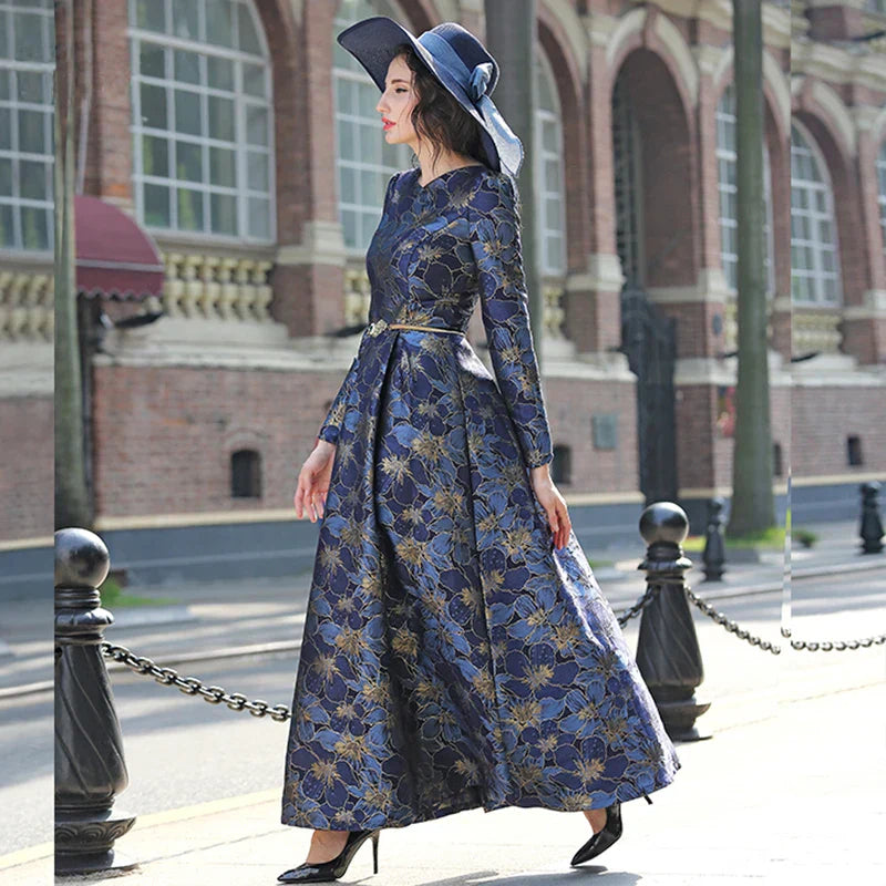 VougeVamp Elegant Floral Jacquard Maxi Dress – Long Sleeve V-Neck Formal Gown for Autumn & Winter