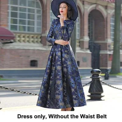 VougeVamp Elegant Floral Jacquard Maxi Dress – Long Sleeve V-Neck Formal Gown for Autumn & Winter