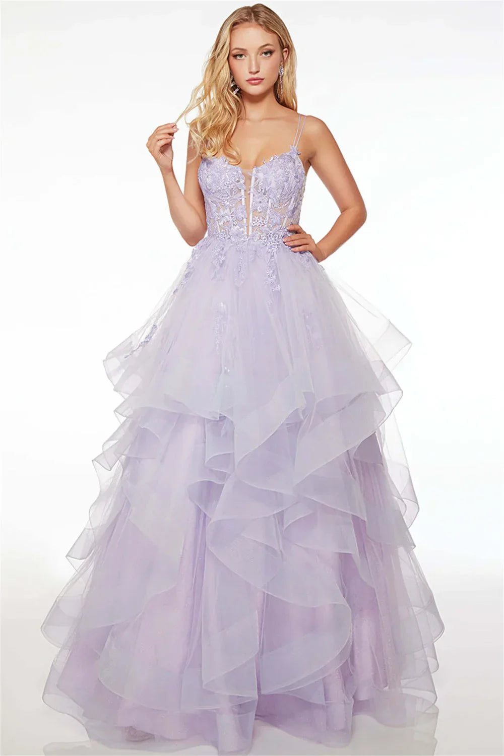VougeVamp Light Purple Wedding Dress – Embroidered Fluffy Tulle Prom Dress with Backless Corset Design