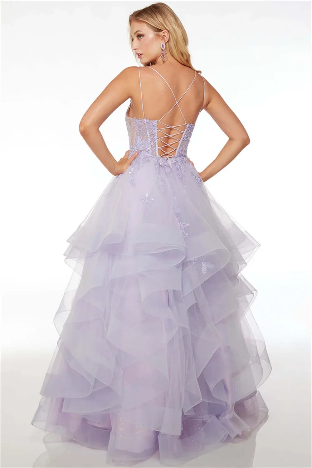 VougeVamp Light Purple Wedding Dress – Embroidered Fluffy Tulle Prom Dress with Backless Corset Design