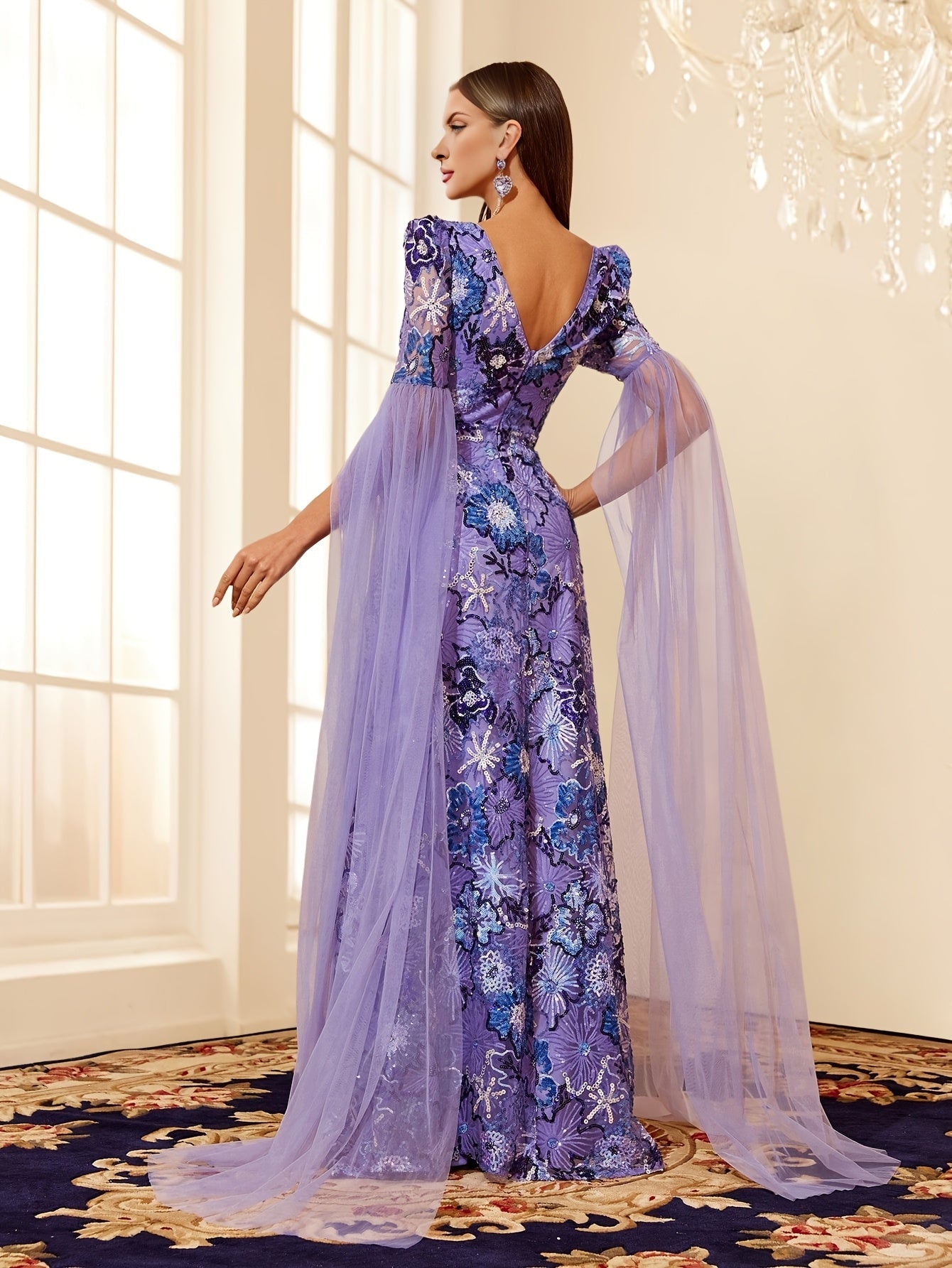 VougeVamp Hand-Embroidered Sequin Floral Evening Dress – Elegant Floor-Length Gown with Mesh Splicing for Weddings & Special Occasions