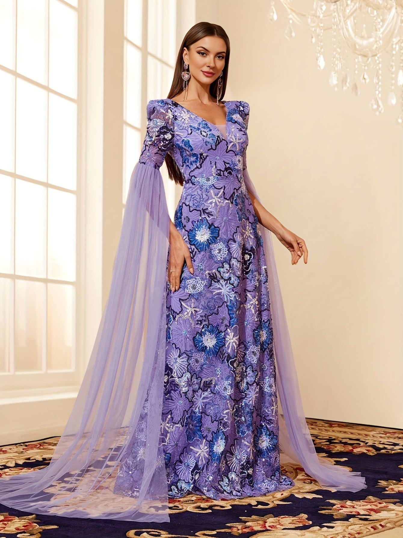 VougeVamp Hand-Embroidered Sequin Floral Evening Dress – Elegant Floor-Length Gown with Mesh Splicing for Weddings & Special Occasions