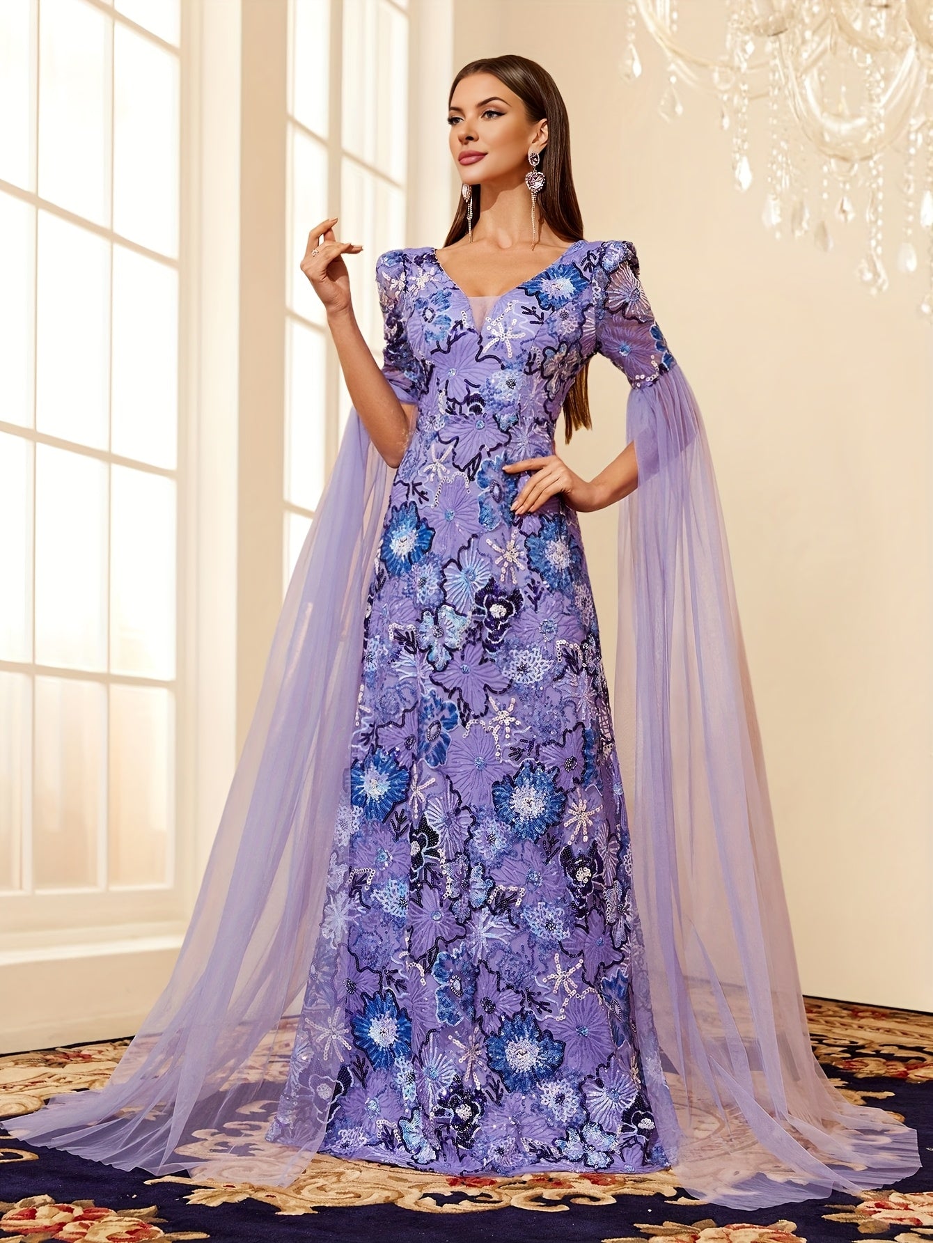 VougeVamp Hand-Embroidered Sequin Floral Evening Dress – Elegant Floor-Length Gown with Mesh Splicing for Weddings & Special Occasions