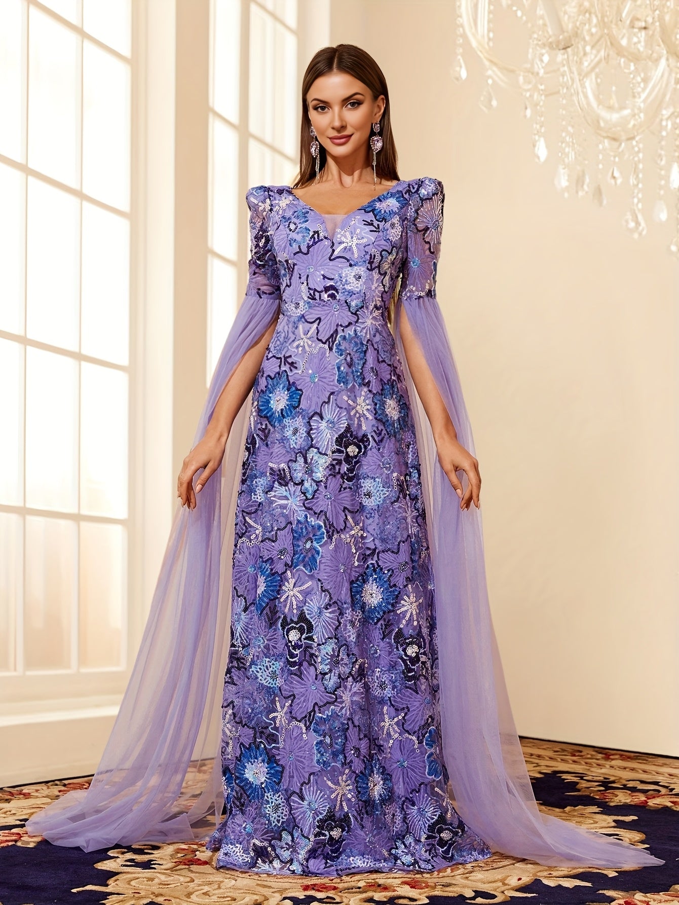 VougeVamp Hand-Embroidered Sequin Floral Evening Dress – Elegant Floor-Length Gown with Mesh Splicing for Weddings & Special Occasions