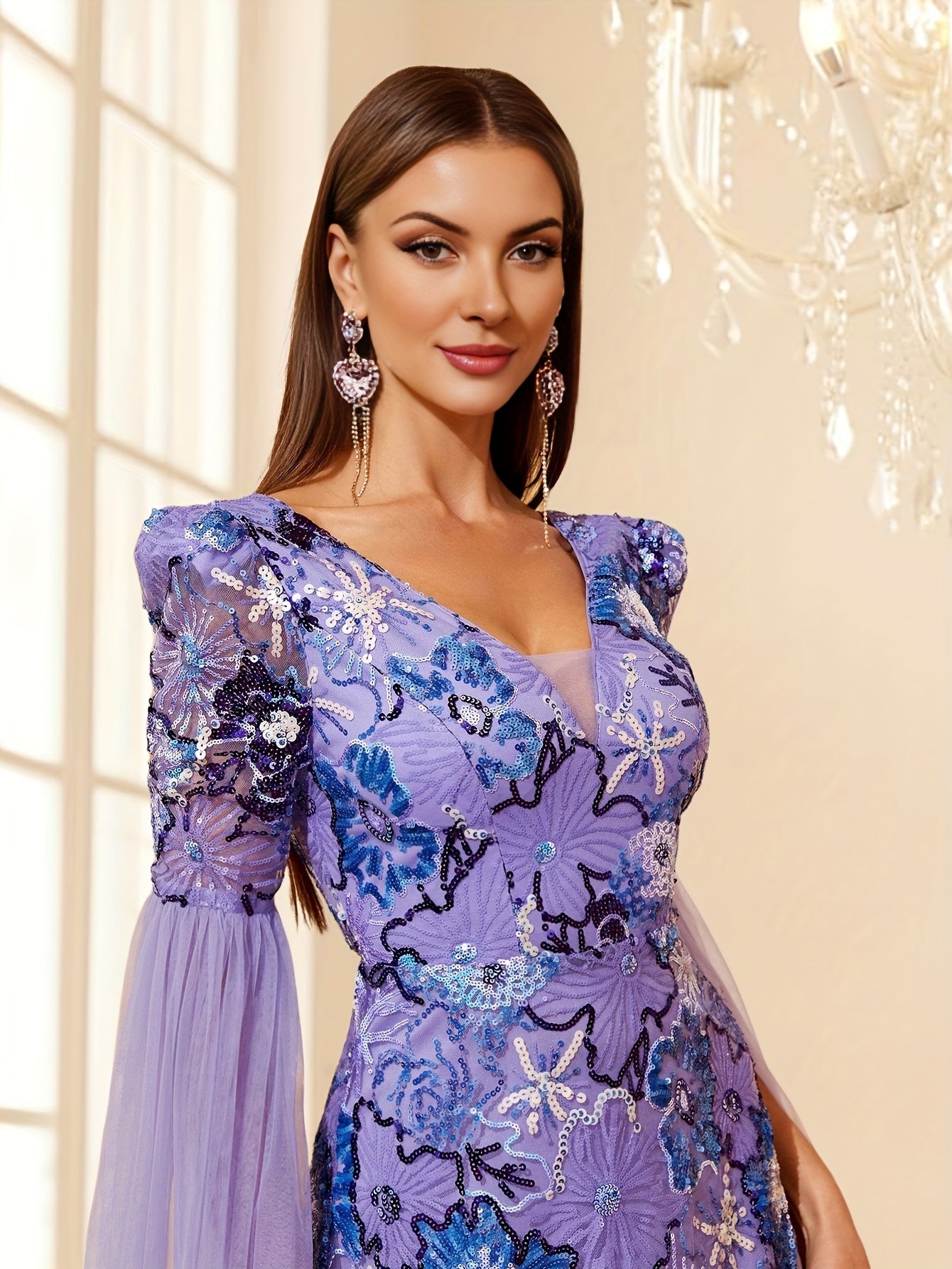 VougeVamp Hand-Embroidered Sequin Floral Evening Dress – Elegant Floor-Length Gown with Mesh Splicing for Weddings & Special Occasions