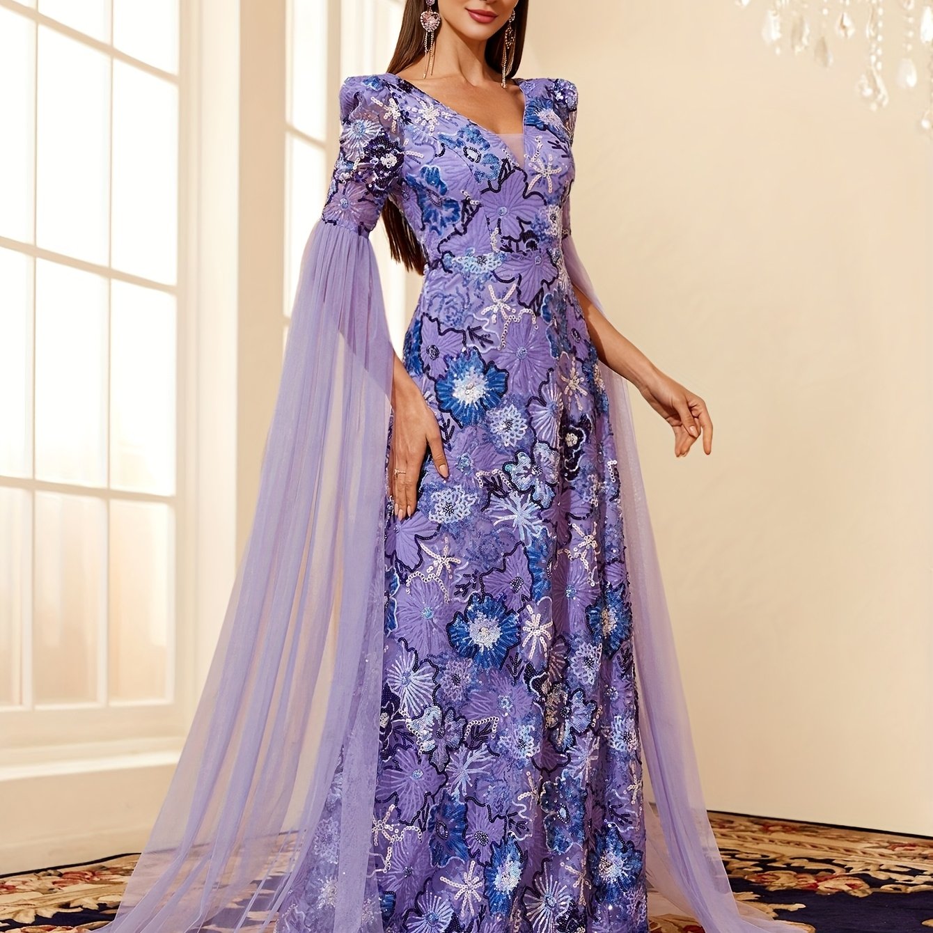 VougeVamp Hand-Embroidered Sequin Floral Evening Dress – Elegant Floor-Length Gown with Mesh Splicing for Weddings & Special Occasions
