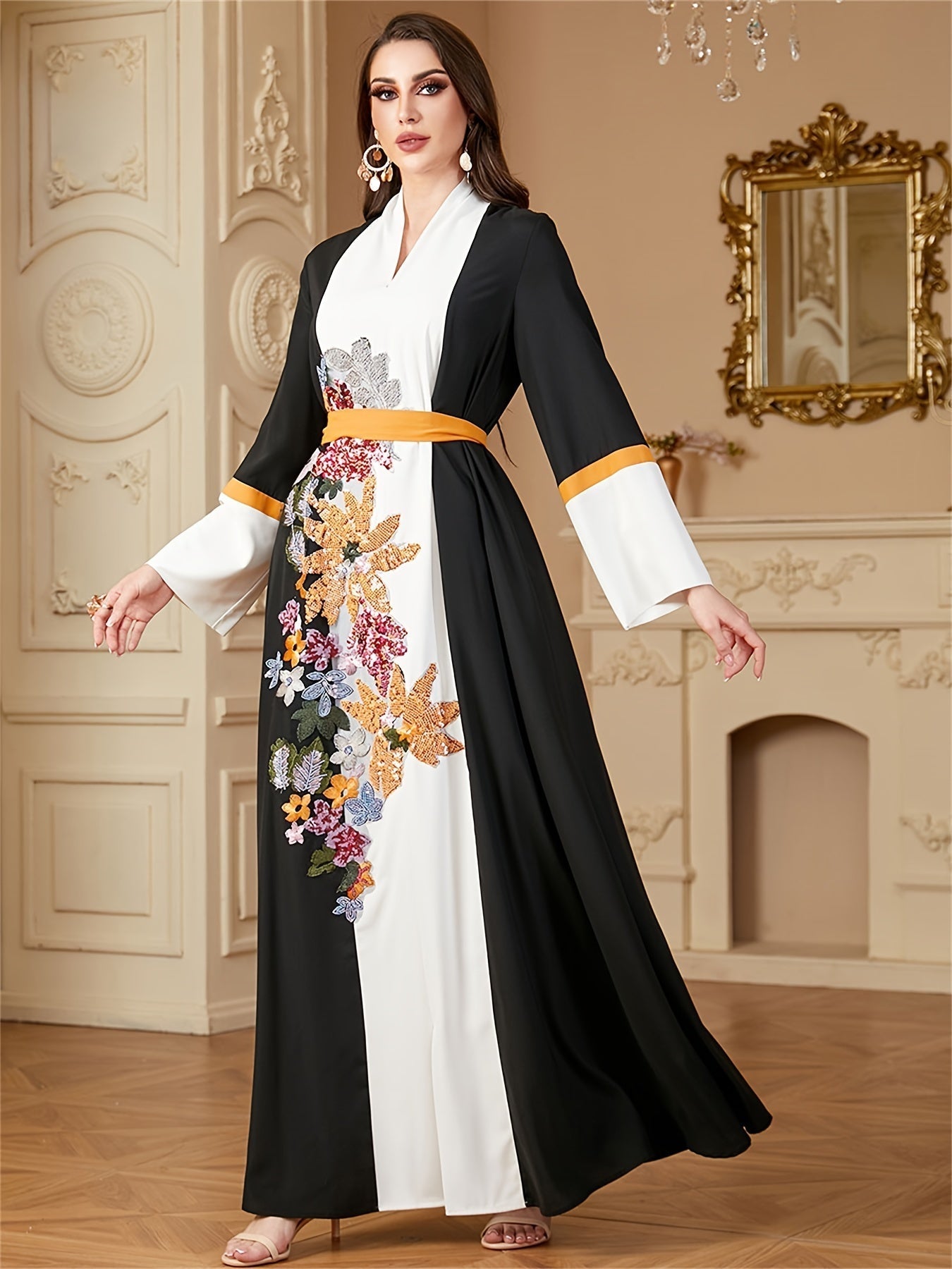 VougeVamp Elegant Sequin Patchwork Abaya – Loose-Fit Panel Sleeve Kaftan with Sash for Ramadan & Special Occasions