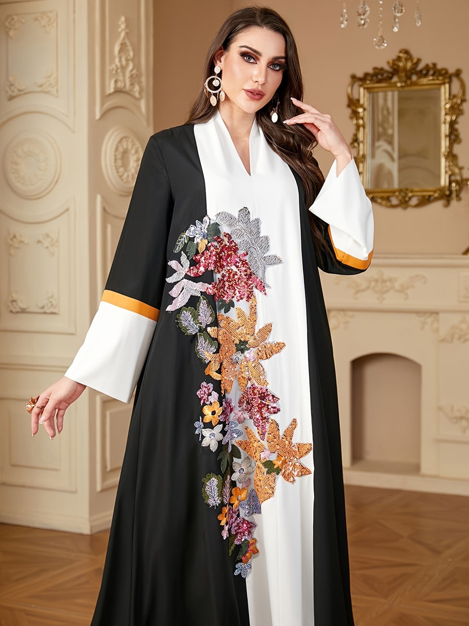 VougeVamp Elegant Sequin Patchwork Abaya – Loose-Fit Panel Sleeve Kaftan with Sash for Ramadan & Special Occasions