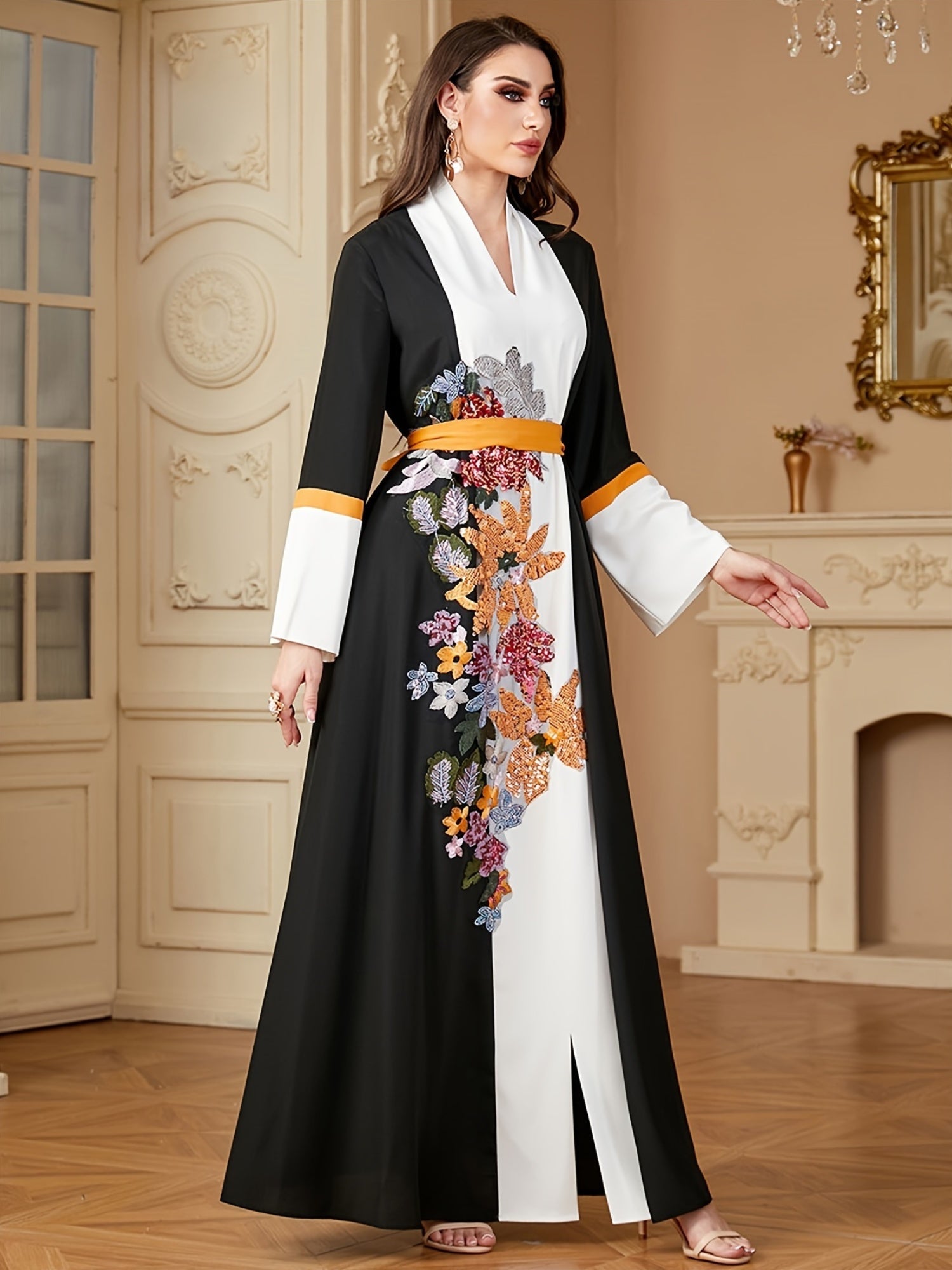 VougeVamp Elegant Sequin Patchwork Abaya – Loose-Fit Panel Sleeve Kaftan with Sash for Ramadan & Special Occasions