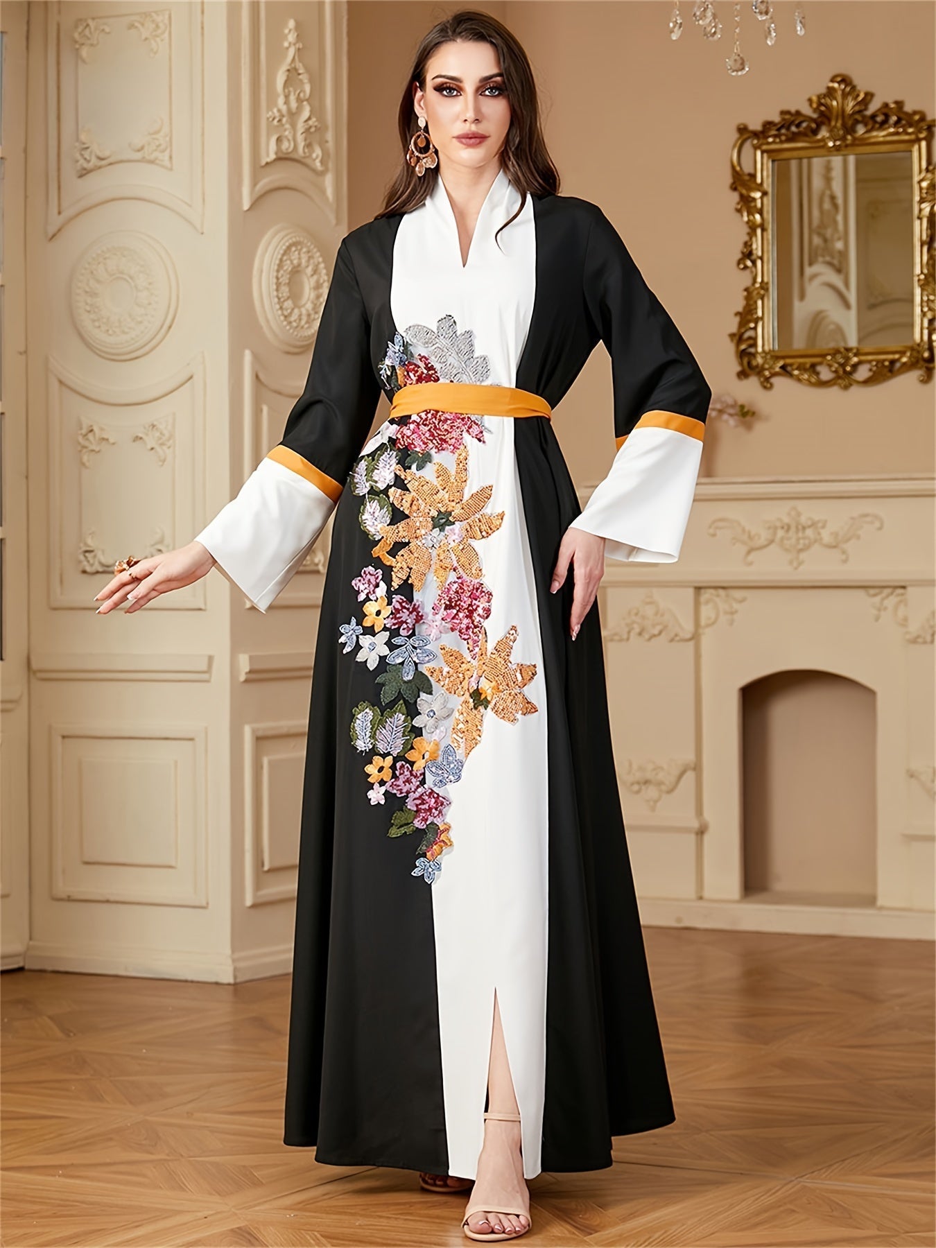 VougeVamp Elegant Sequin Patchwork Abaya – Loose-Fit Panel Sleeve Kaftan with Sash for Ramadan & Special Occasions