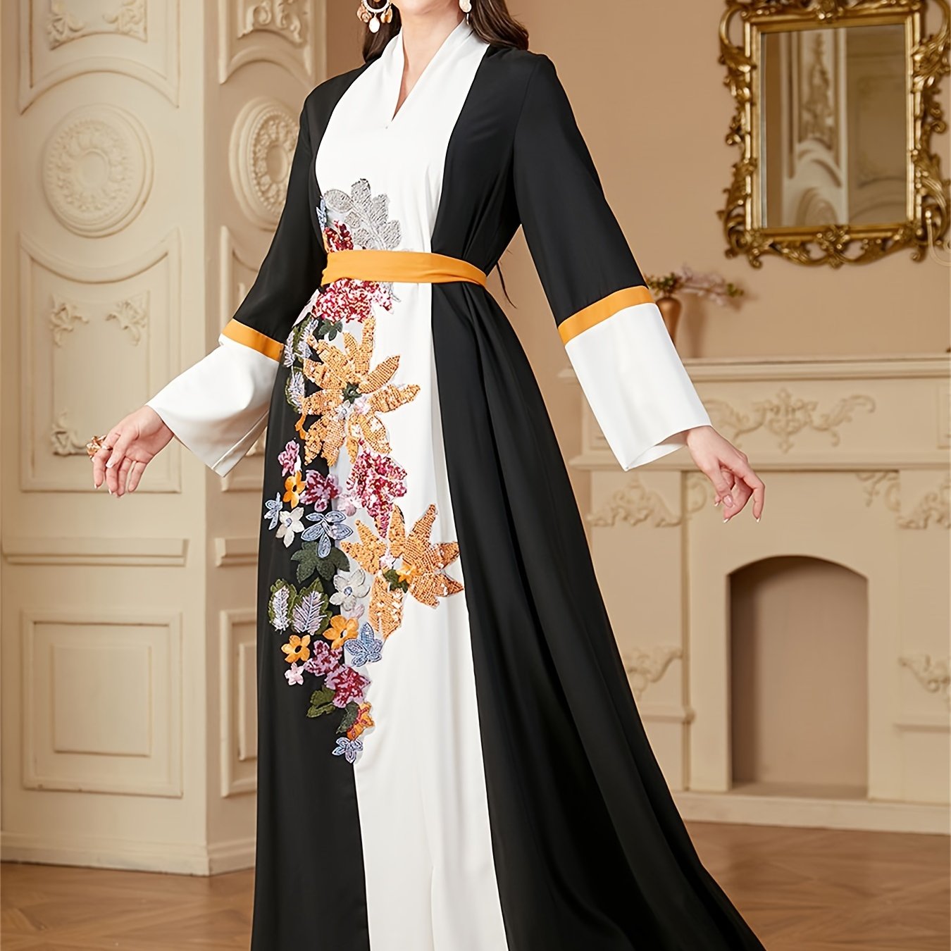 VougeVamp Elegant Sequin Patchwork Abaya – Loose-Fit Panel Sleeve Kaftan with Sash for Ramadan & Special Occasions