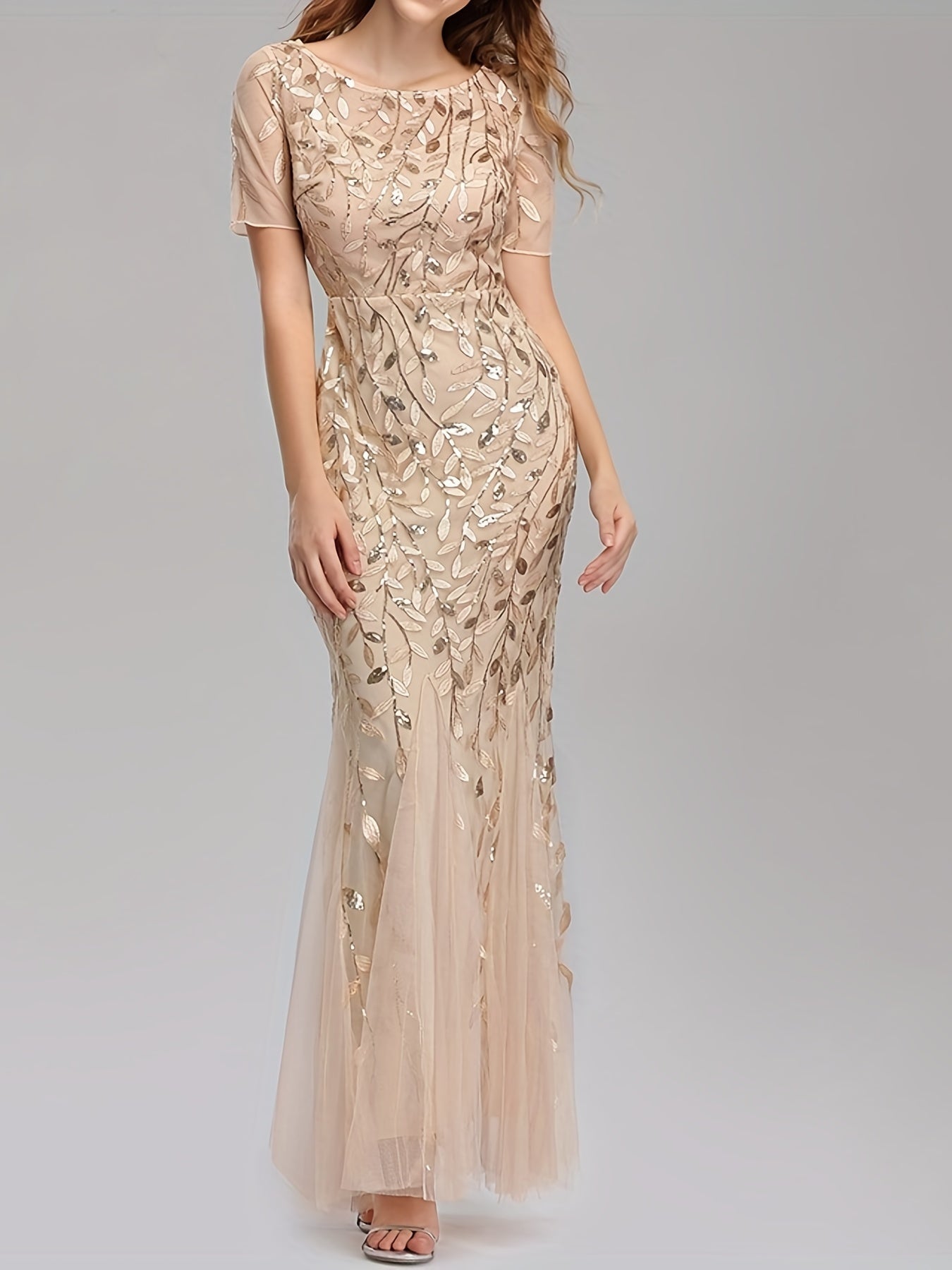 VougeVamp Elegant Sequined Mesh Pleated Maxi Dress – Bodycon Gown with Leaves Pattern for Parties & Banquets