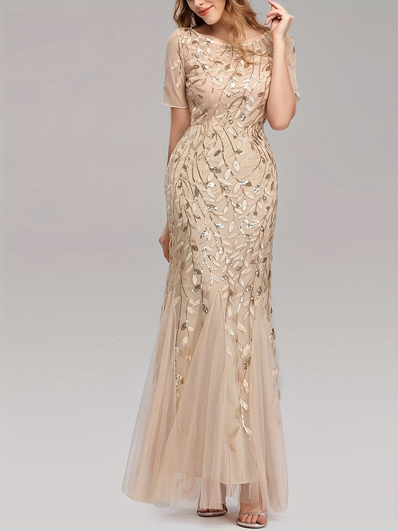 VougeVamp Elegant Sequined Mesh Pleated Maxi Dress – Bodycon Gown with Leaves Pattern for Parties & Banquets