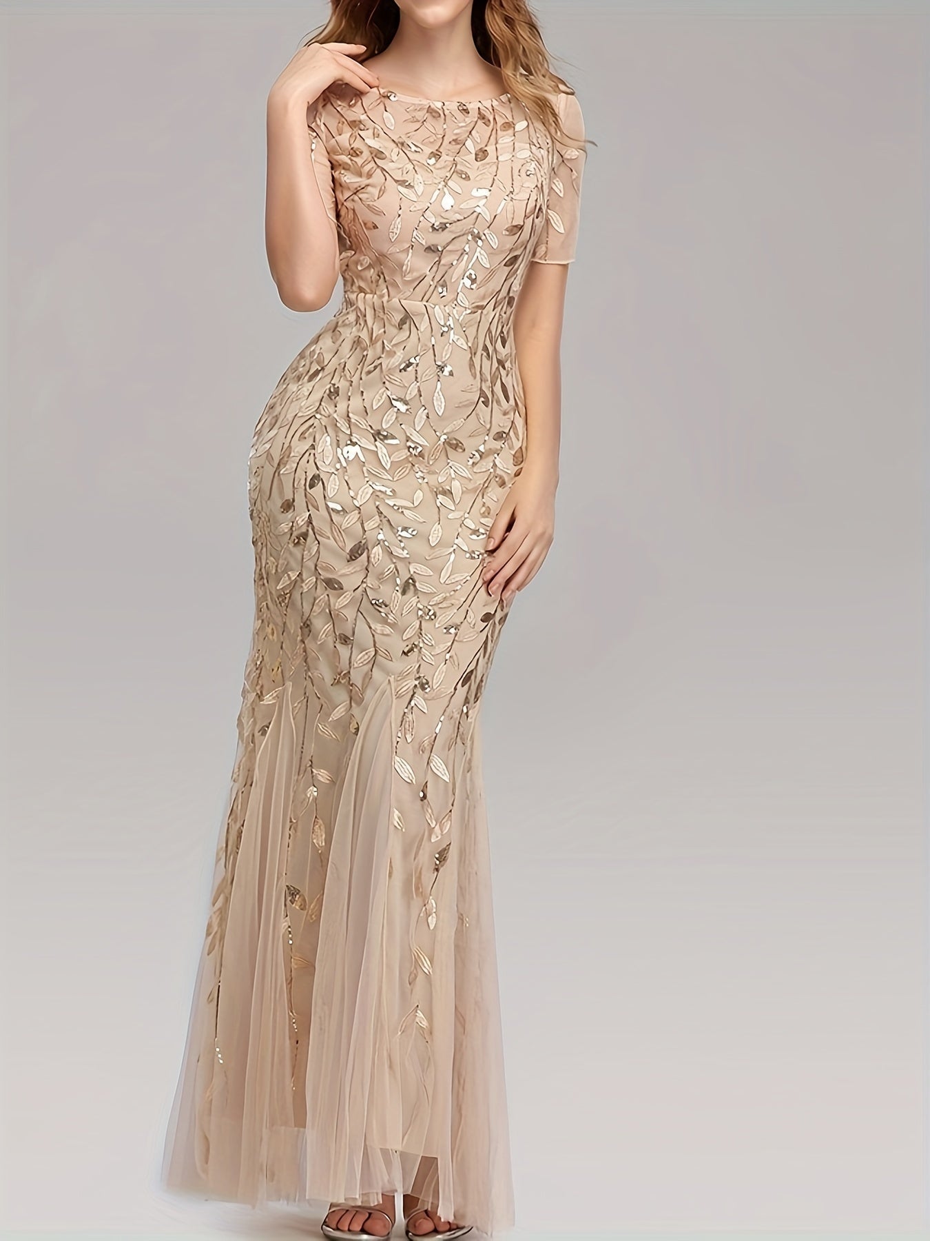 VougeVamp Elegant Sequined Mesh Pleated Maxi Dress – Bodycon Gown with Leaves Pattern for Parties & Banquets