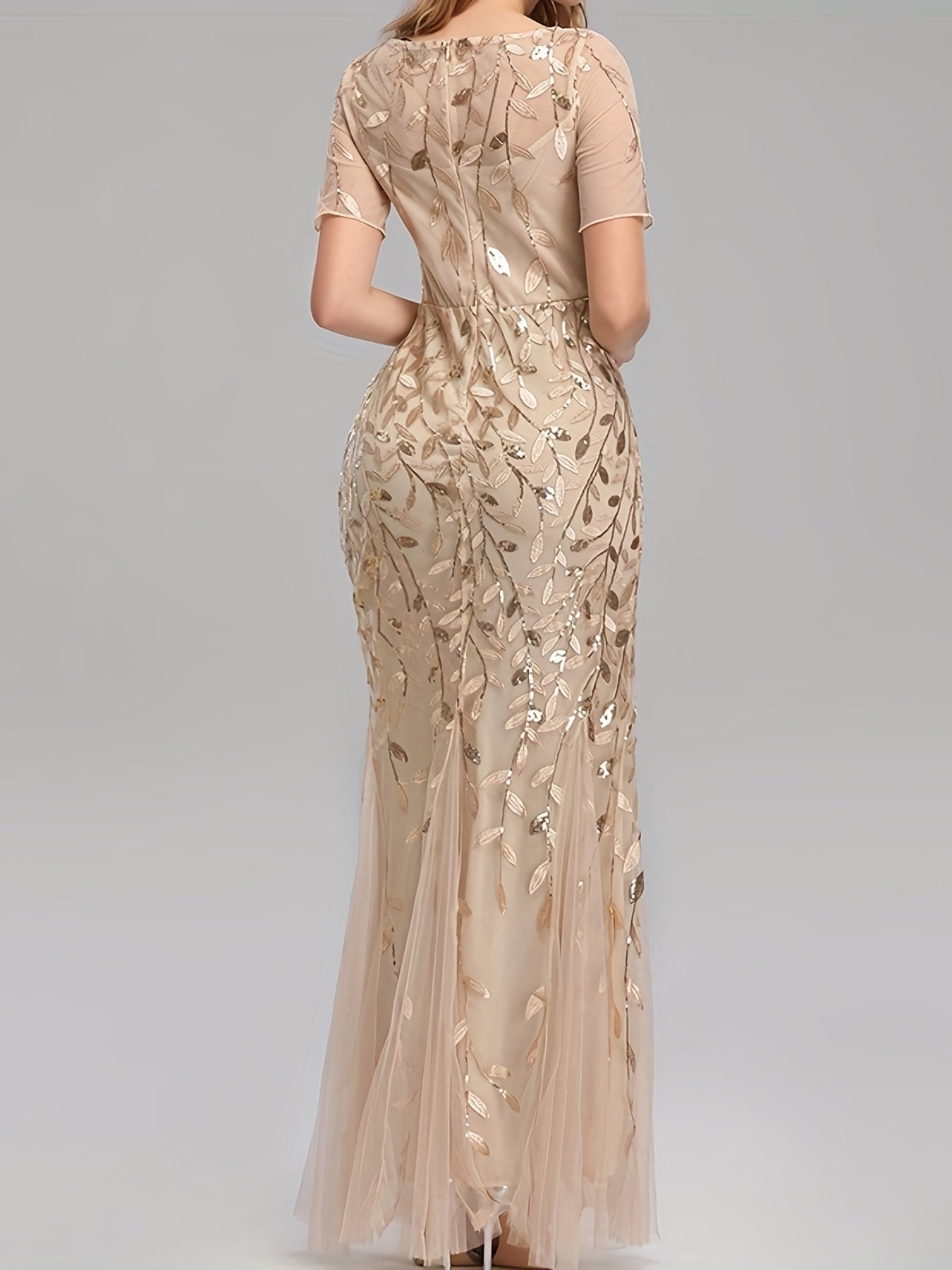 VougeVamp Elegant Sequined Mesh Pleated Maxi Dress – Bodycon Gown with Leaves Pattern for Parties & Banquets