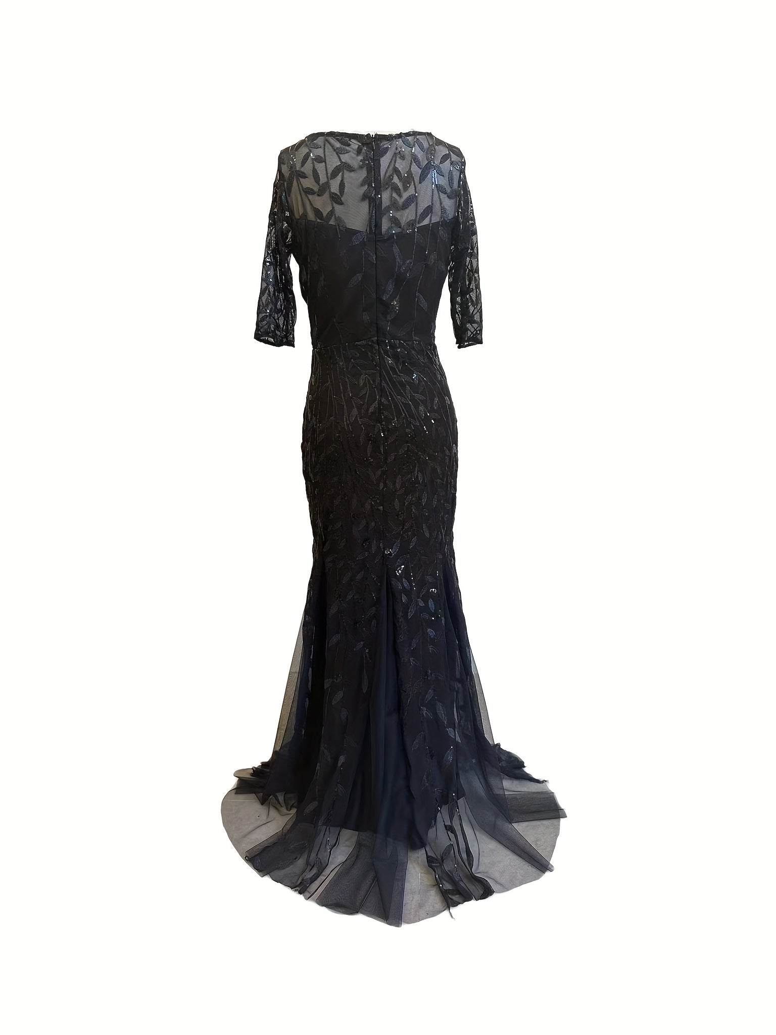 VougeVamp Elegant Sequined Mesh Pleated Maxi Dress – Bodycon Gown with Leaves Pattern for Parties & Banquets