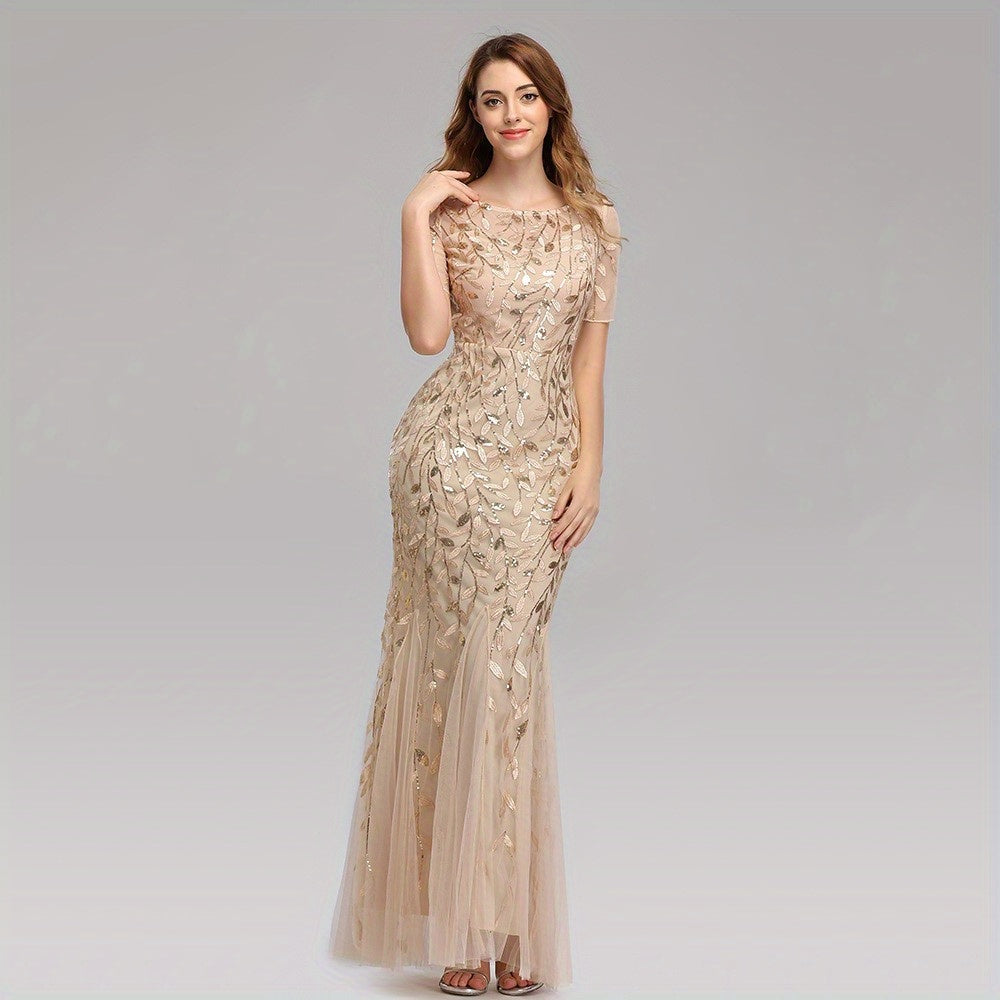VougeVamp Elegant Sequined Mesh Pleated Maxi Dress – Bodycon Gown with Leaves Pattern for Parties & Banquets