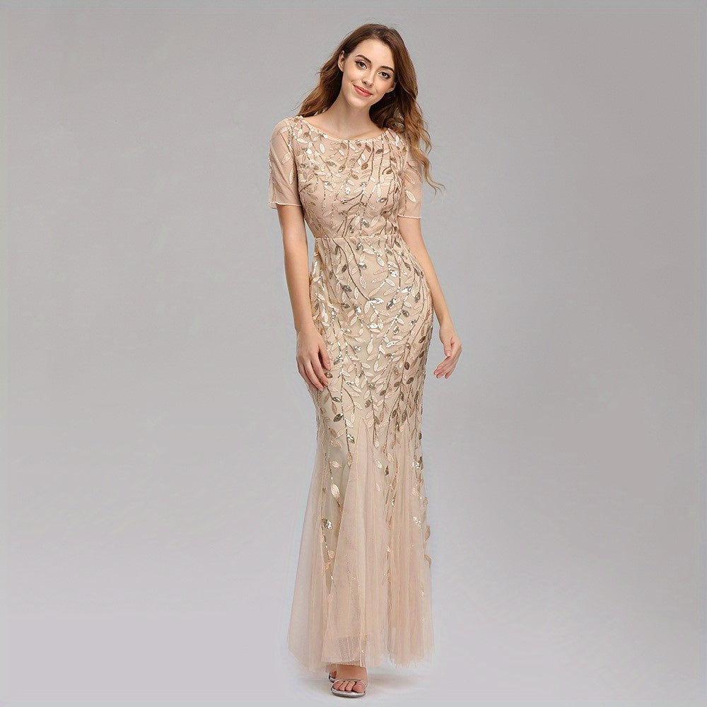 VougeVamp Elegant Sequined Mesh Pleated Maxi Dress – Bodycon Gown with Leaves Pattern for Parties & Banquets