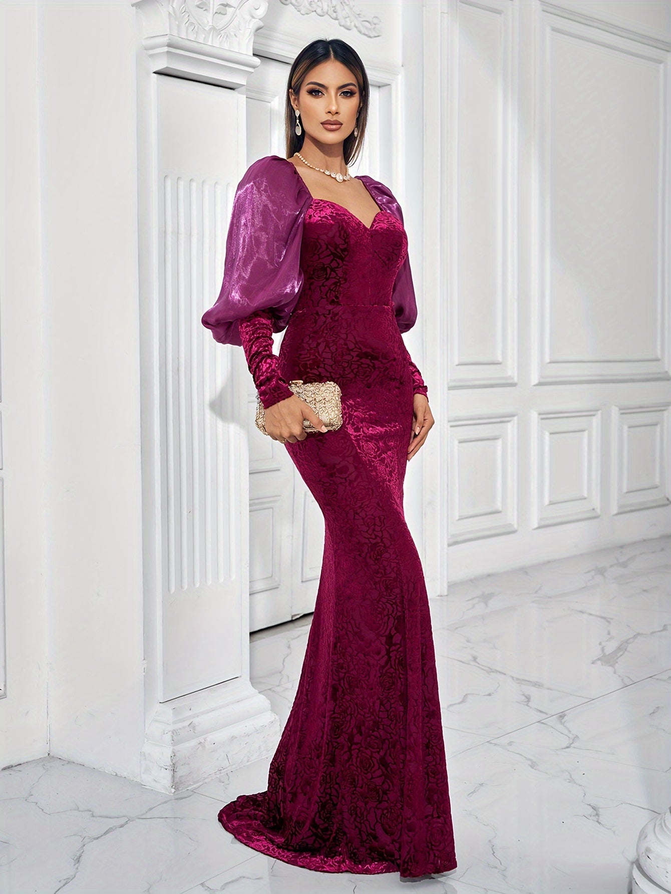 VougeVamp Elegant Velvet Bridesmaid Dress – Sweetheart Neckline & Puff Sleeves