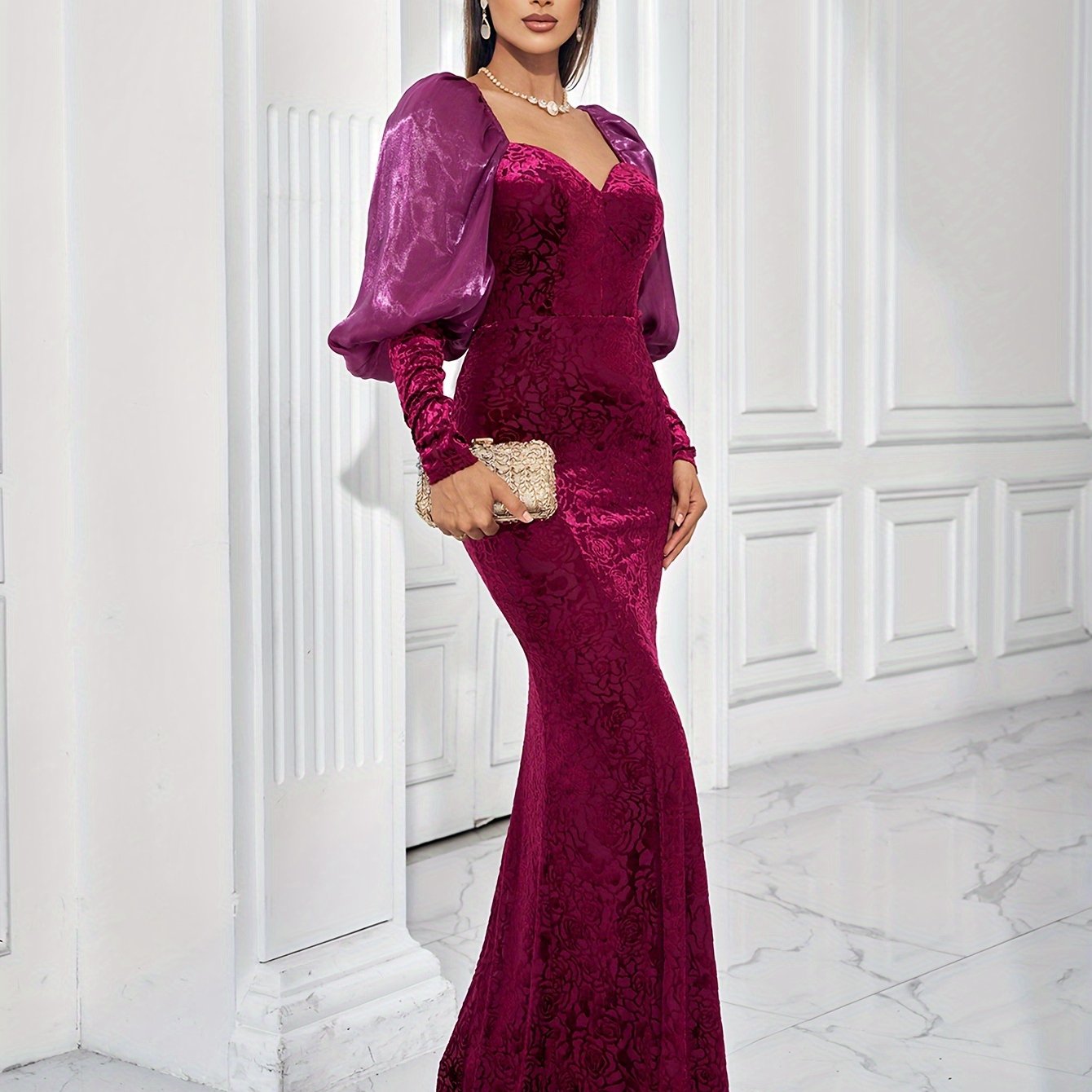 VougeVamp Elegant Velvet Bridesmaid Dress – Sweetheart Neckline & Puff Sleeves