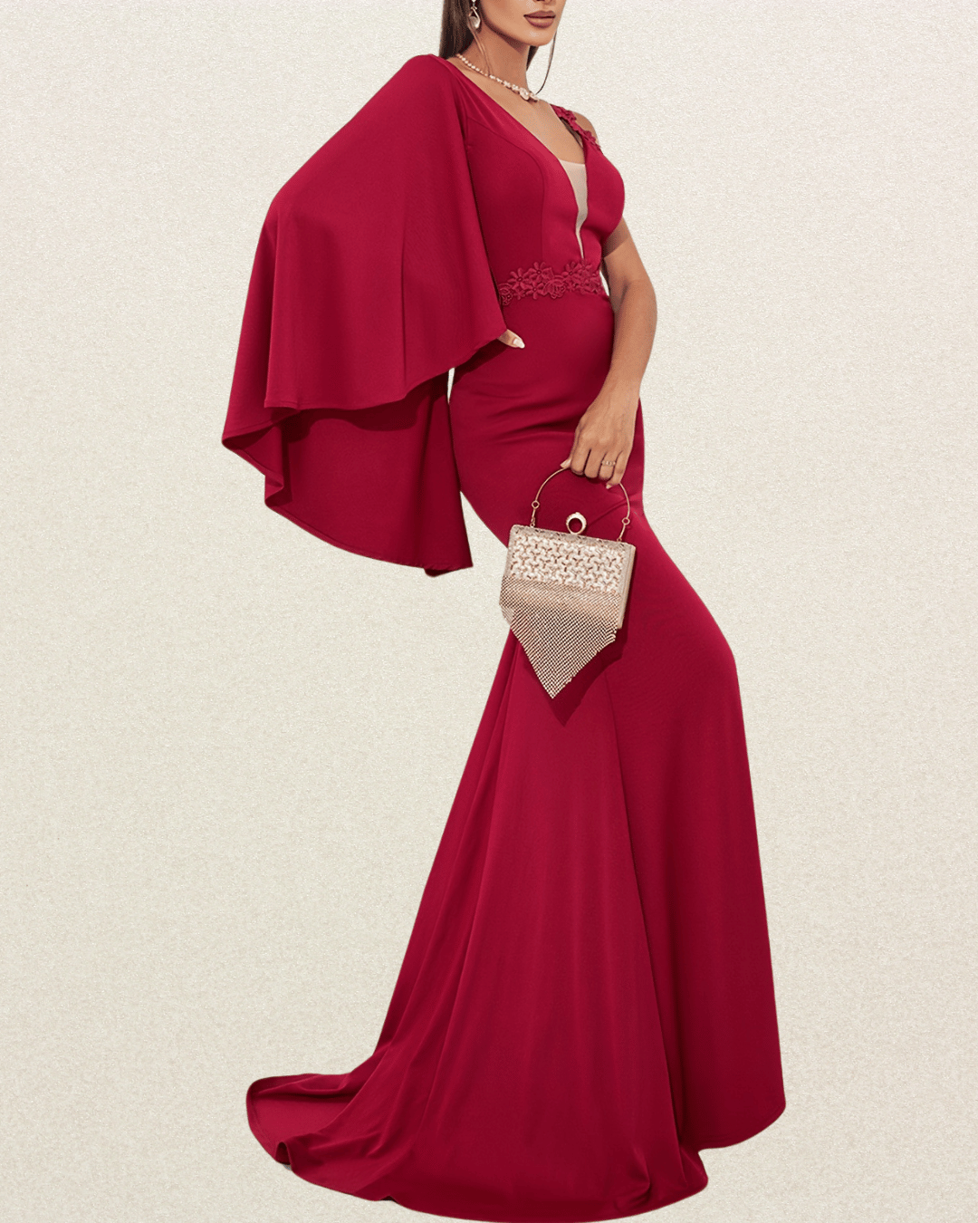 Red Bridesmaid Dress - V-Neck, Bodycon Evening Gown, Asymmetrical Detail, Party Banquet Dress