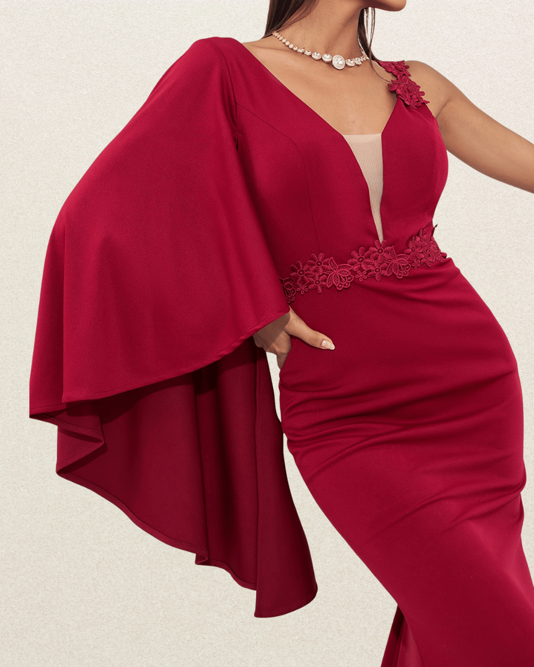 Red Bridesmaid Dress - V-Neck, Bodycon Evening Gown, Asymmetrical Detail, Party Banquet Dress