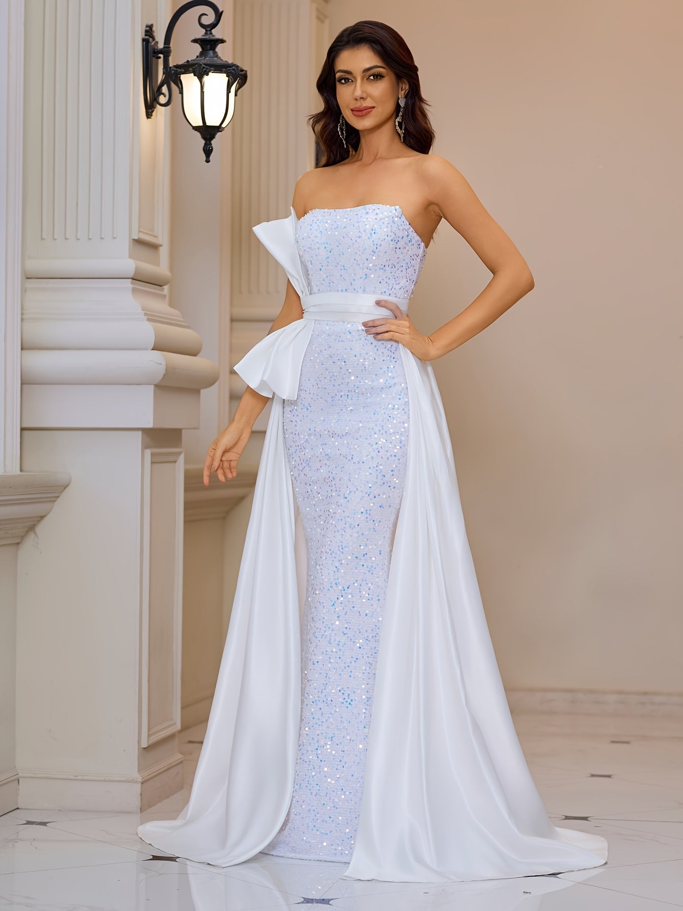 VougeVamp Elegant Off-Shoulder Sequin Mermaid Evening Gown with Bow Detail – Floor-Length Dress - VougeVampUK