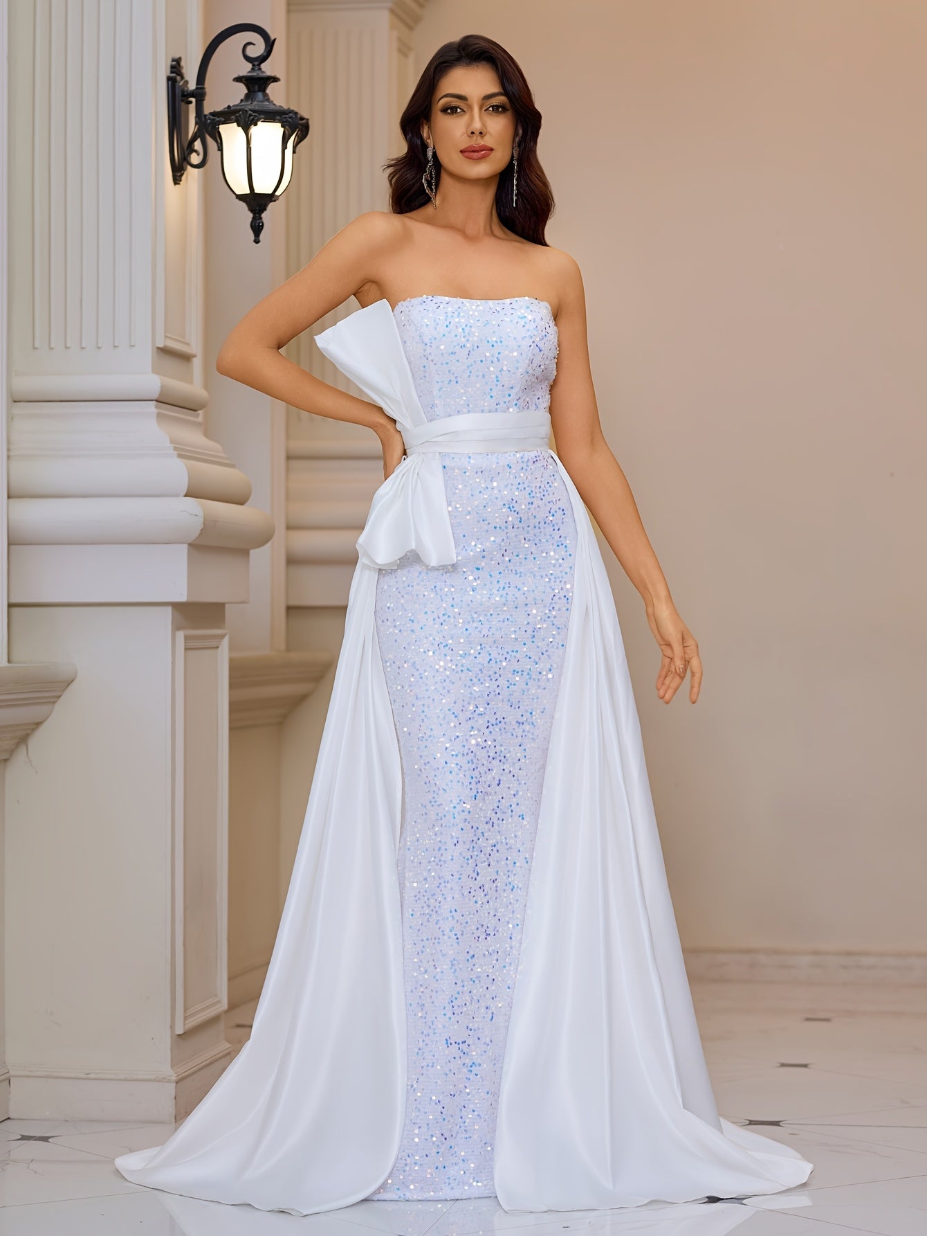 VougeVamp Elegant Off-Shoulder Sequin Mermaid Evening Gown with Bow Detail – Floor-Length Dress - VougeVampUK