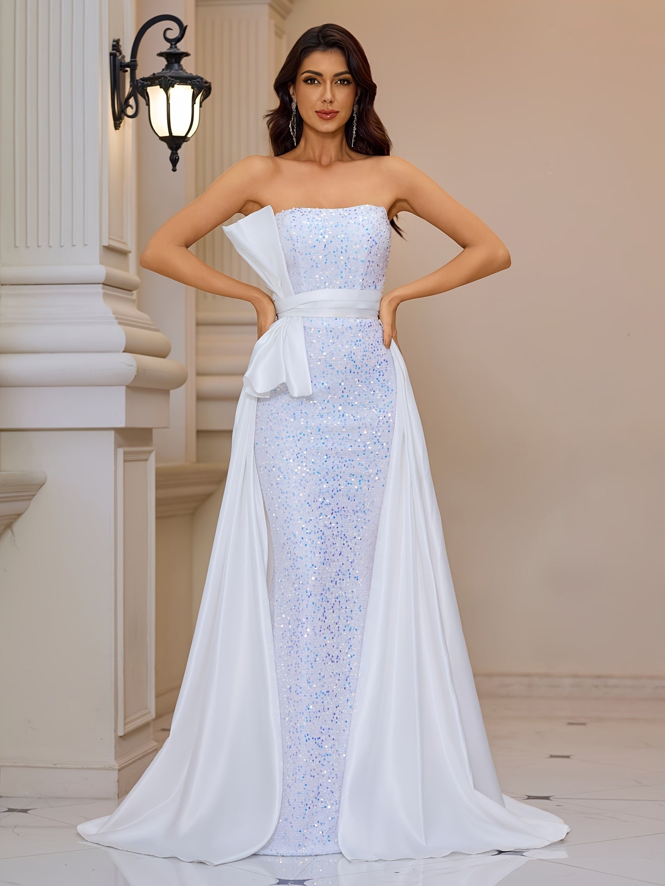 VougeVamp Elegant Off-Shoulder Sequin Mermaid Evening Gown with Bow Detail – Floor-Length Dress - VougeVampUK