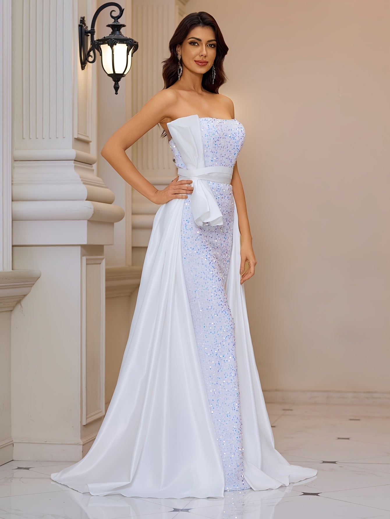 VougeVamp Elegant Off-Shoulder Sequin Mermaid Evening Gown with Bow Detail – Floor-Length Dress - VougeVampUK