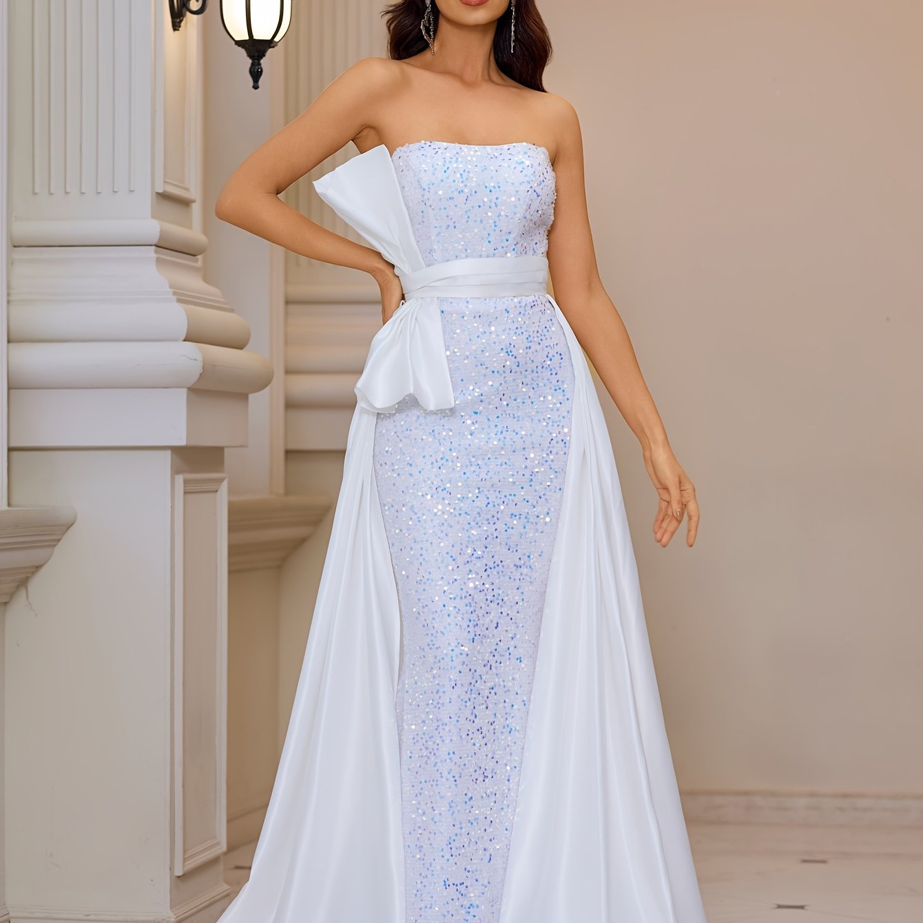 VougeVamp Elegant Off-Shoulder Sequin Mermaid Evening Gown with Bow Detail – Floor-Length Dress - VougeVampUK