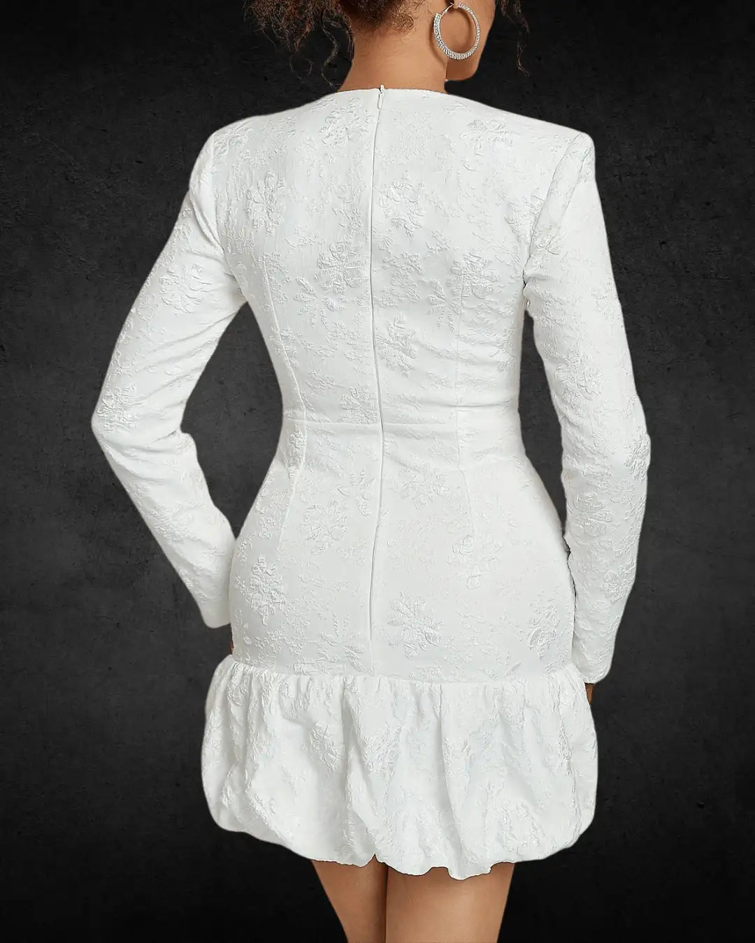 Elegant Rhinestone Beaded Decor Dress – Plunging Neck, Ruffle Hem Long Sleeve Dress