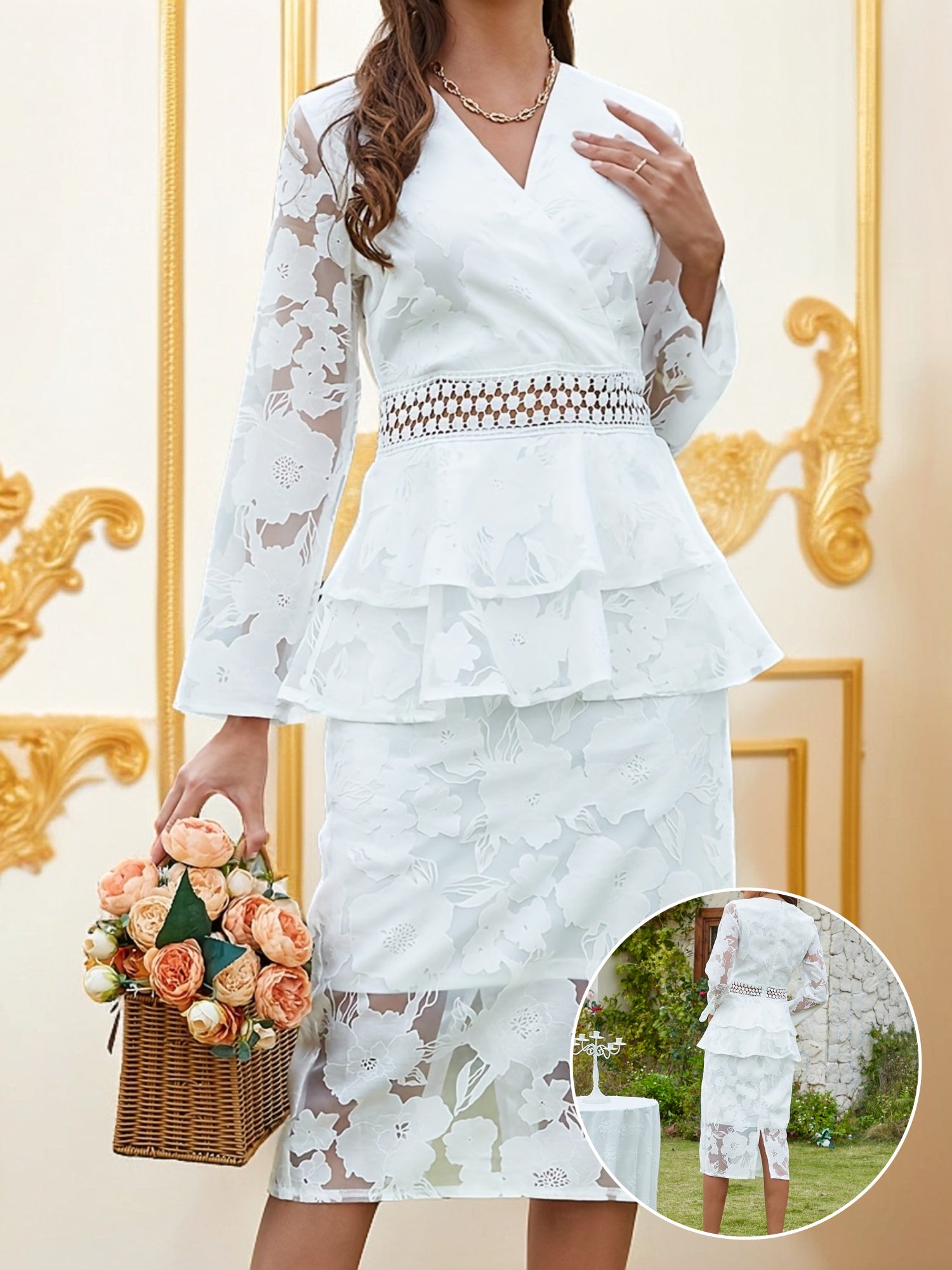 VougeVamp Floral Pattern Lace Splicing V-Neck Dress for Women - Elegant Layered Ruffle Hem Split Party Gown