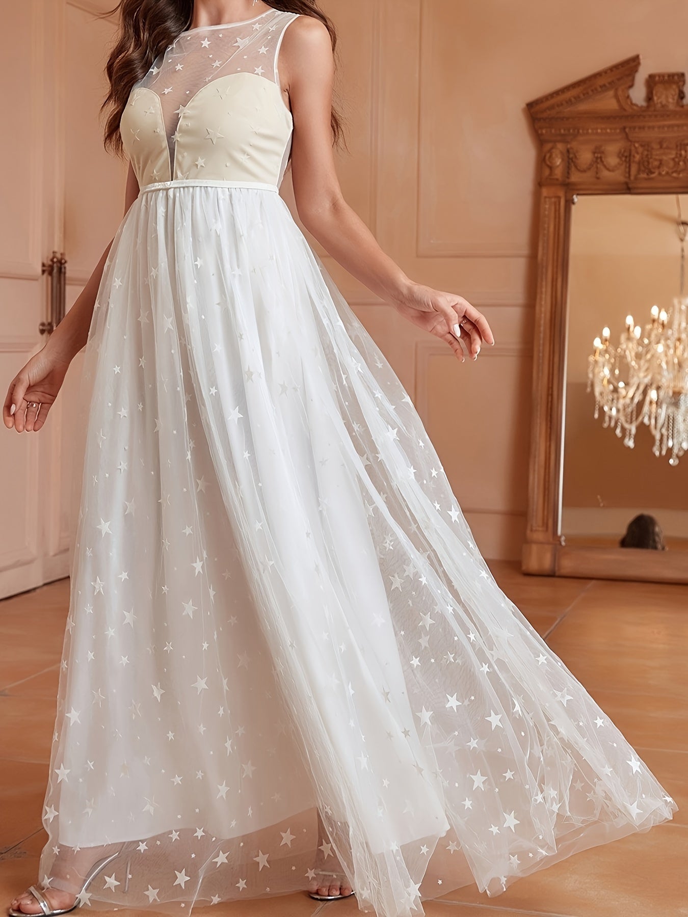 VougeVamp Contrast Mesh Star Print A-Line Dress for Women - Elegant Sleeveless Crew Neck Semi-Sheer Gown - VougeVampUK