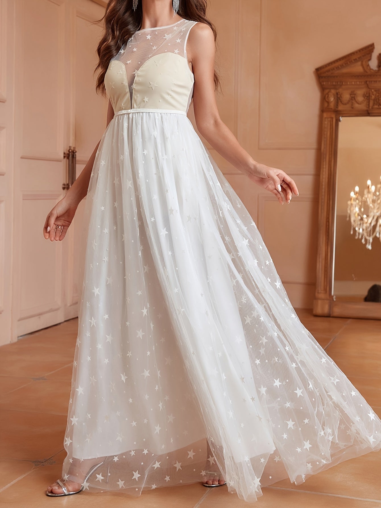 VougeVamp Contrast Mesh Star Print A-Line Dress for Women - Elegant Sleeveless Crew Neck Semi-Sheer Gown - VougeVampUK