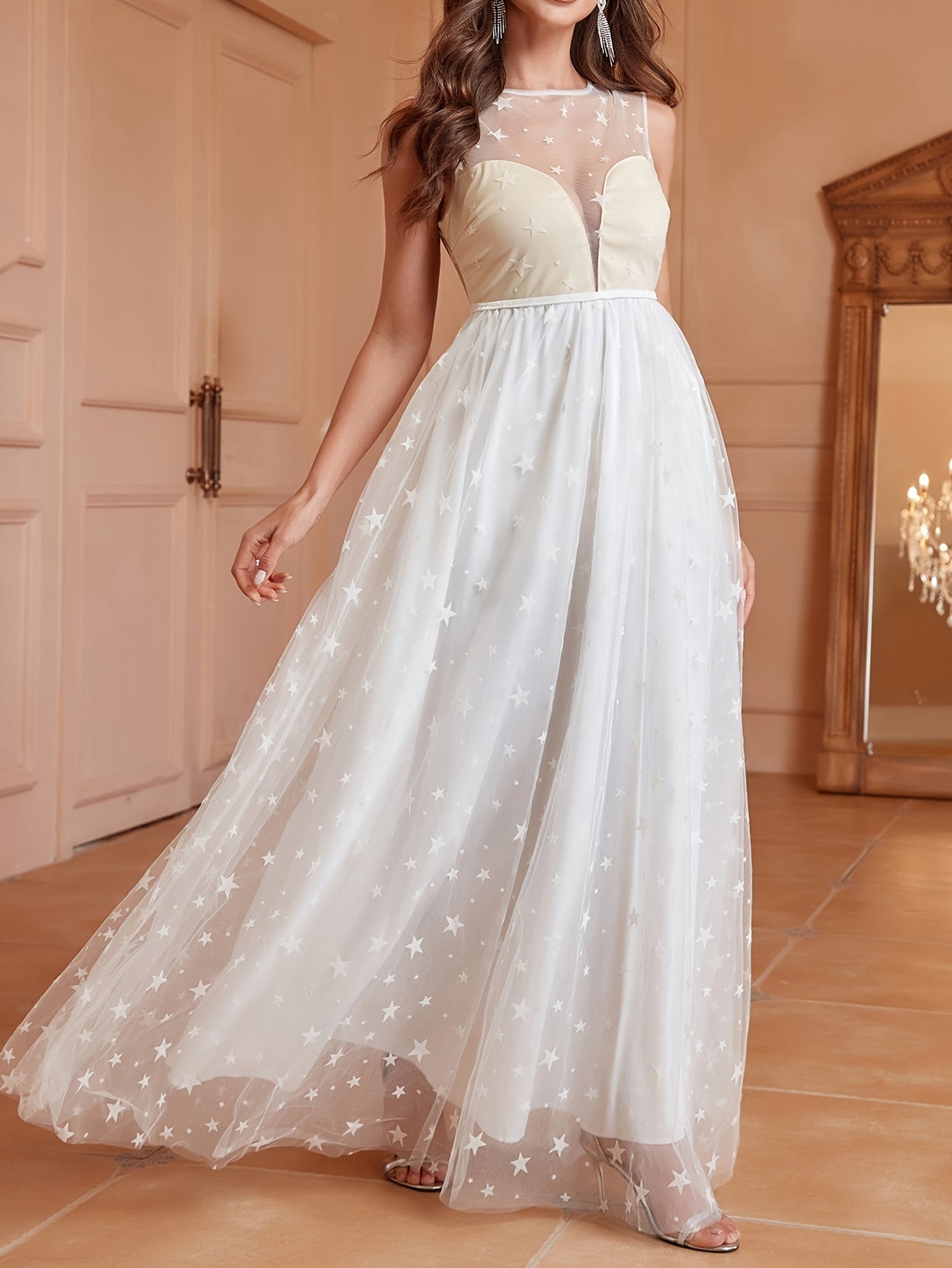 VougeVamp Contrast Mesh Star Print A-Line Dress for Women - Elegant Sleeveless Crew Neck Semi-Sheer Gown - VougeVampUK
